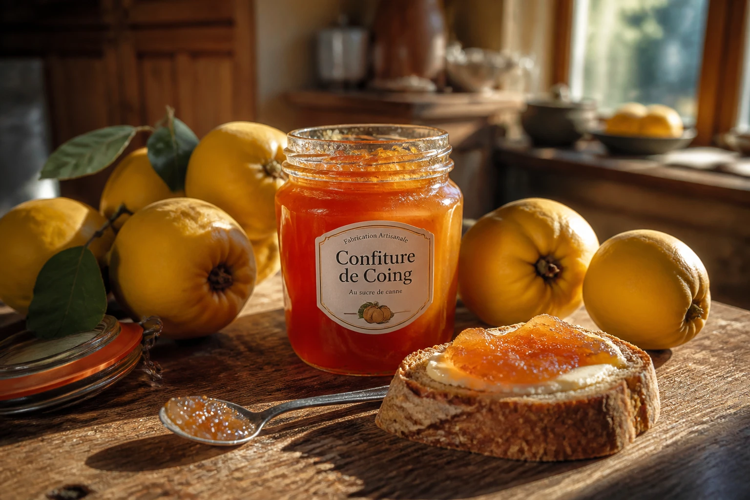 Pot de confiture de coing artisanale entouré de fruits mûrs sur une table en bois de cuisine campagnarde