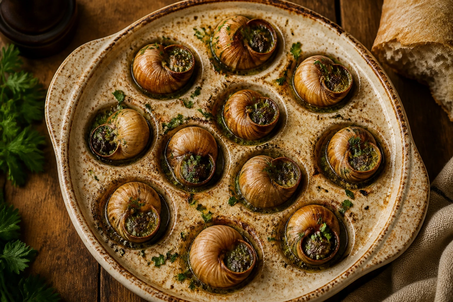 Plat d'escargots surgelés cuits au four avec beurre persillé doré sur table en bois
