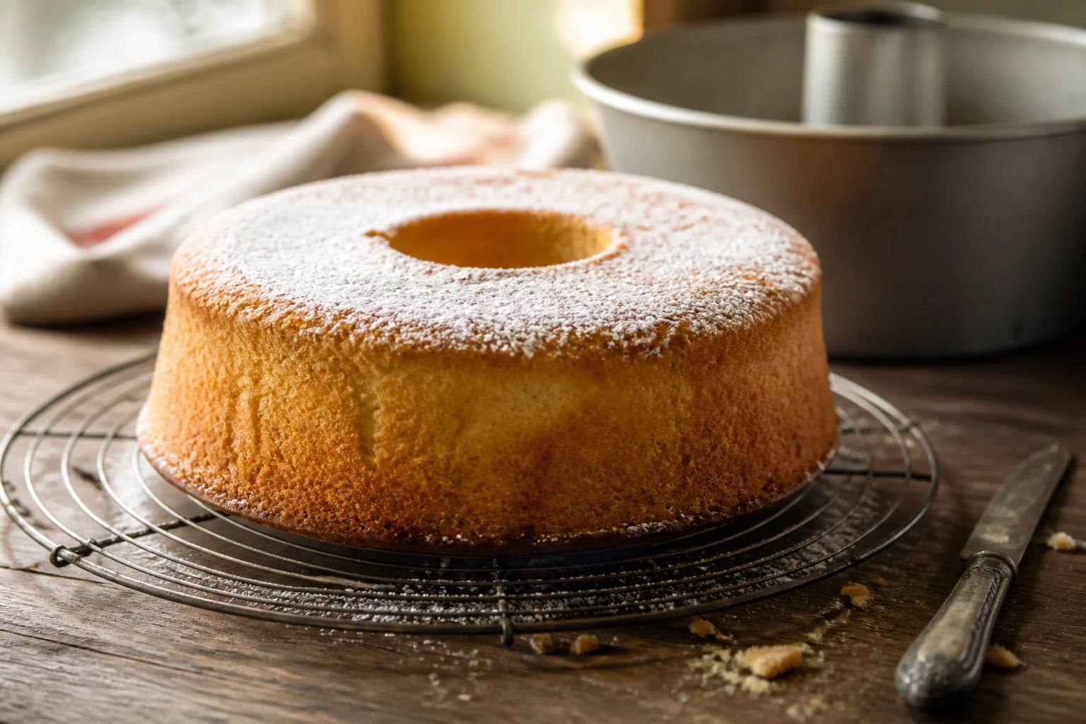 Gâteau de Savoie doré et léger démoulé sur une grille, saupoudré de sucre glace, dans une cuisine lumineuse