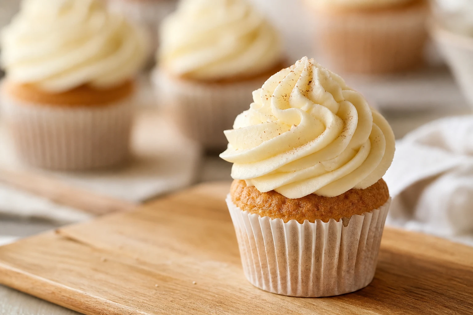 Cupcake garni d'un glaçage mascarpone poché en dôme sur une planche en bois