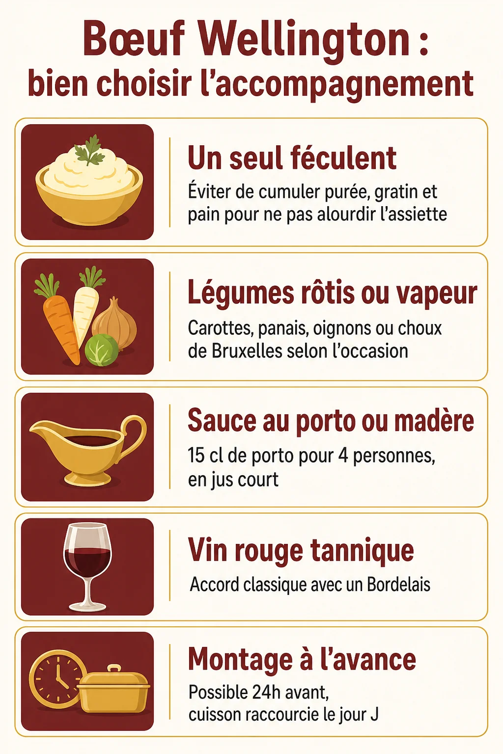Bœuf Wellington : bien choisir l'accompagnement : Un seul féculent, Légumes rôtis ou vapeur, Sauce au porto ou madère, Vin rouge tannique, Montage à l'avance