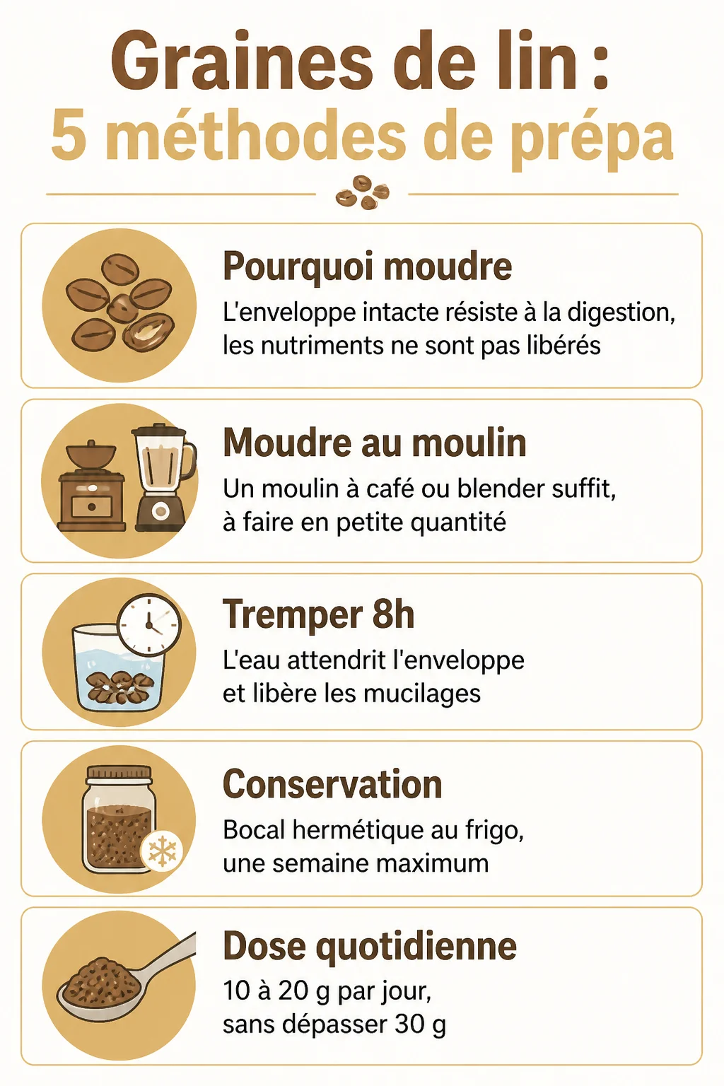 Graines de lin : 5 méthodes de prépa : Pourquoi moudre, Moudre au moulin, Tremper 8h, Conservation, Dose quotidienne
