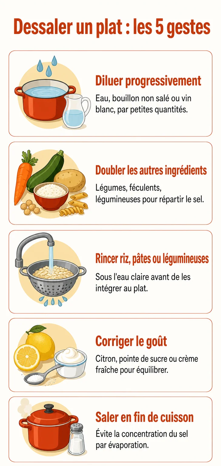 Dessaler un plat : les 5 gestes : Diluer progressivement, Doubler les autres ingrédients, Rincer riz, pâtes ou légumineuses, Corriger le goût, Saler en fin de cuisson