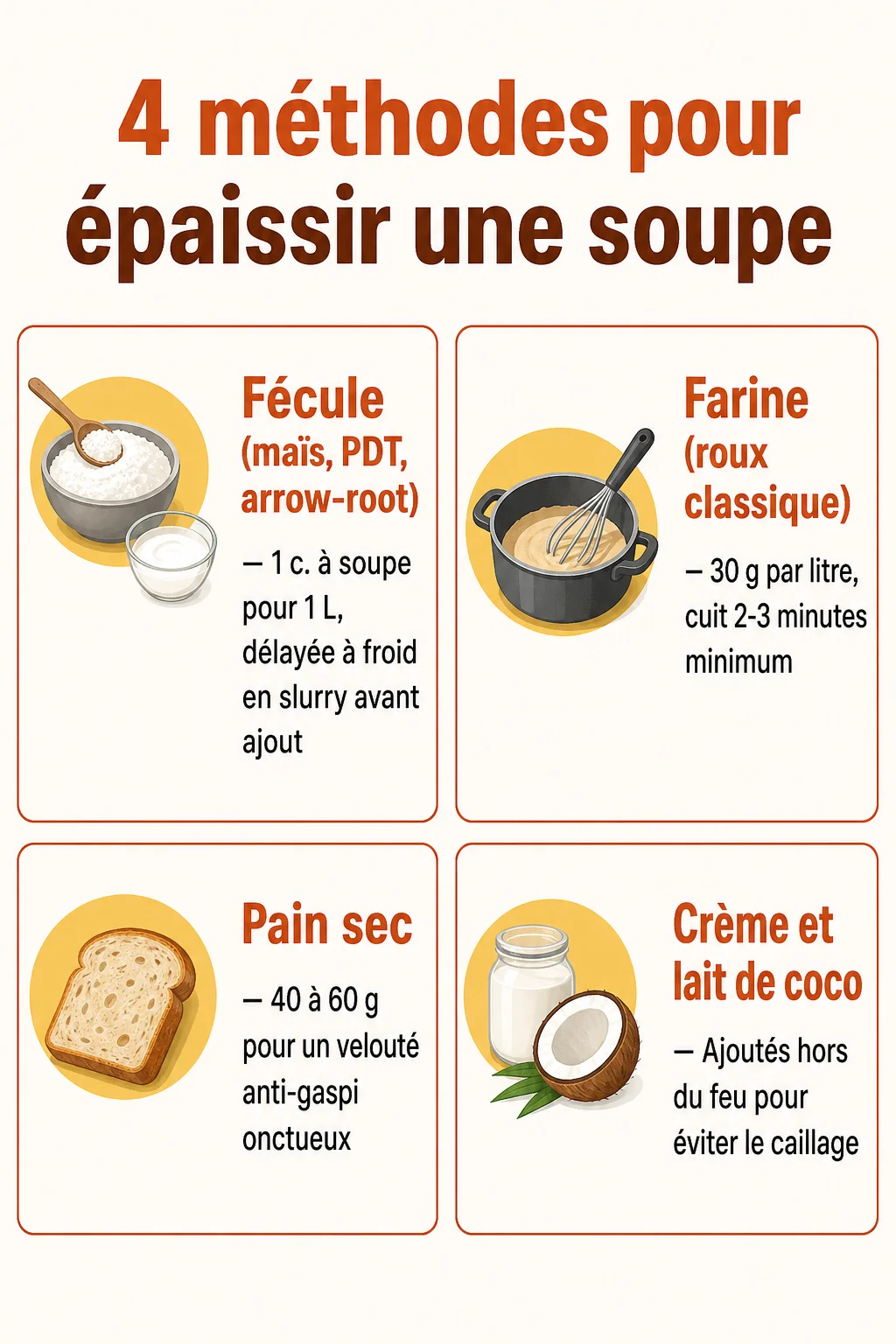 4 méthodes pour épaissir une soupe : Fécule (maïs, PDT, arrow-root), Farine (roux classique), Pain sec, Crème et lait de coco
