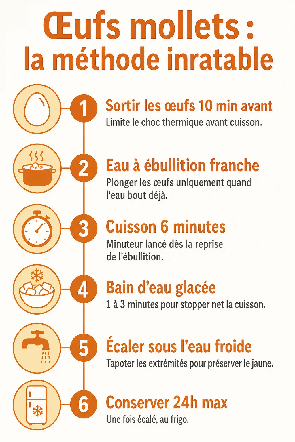 Œufs mollets : la méthode inratable : 1. Sortir les œufs 10 min avant, 2. Eau à ébullition franche, 3. Cuisson 6 minutes, 4. Bain d'eau glacée, 5. Écaler sous l'eau froide, 6. Conserver 24h max