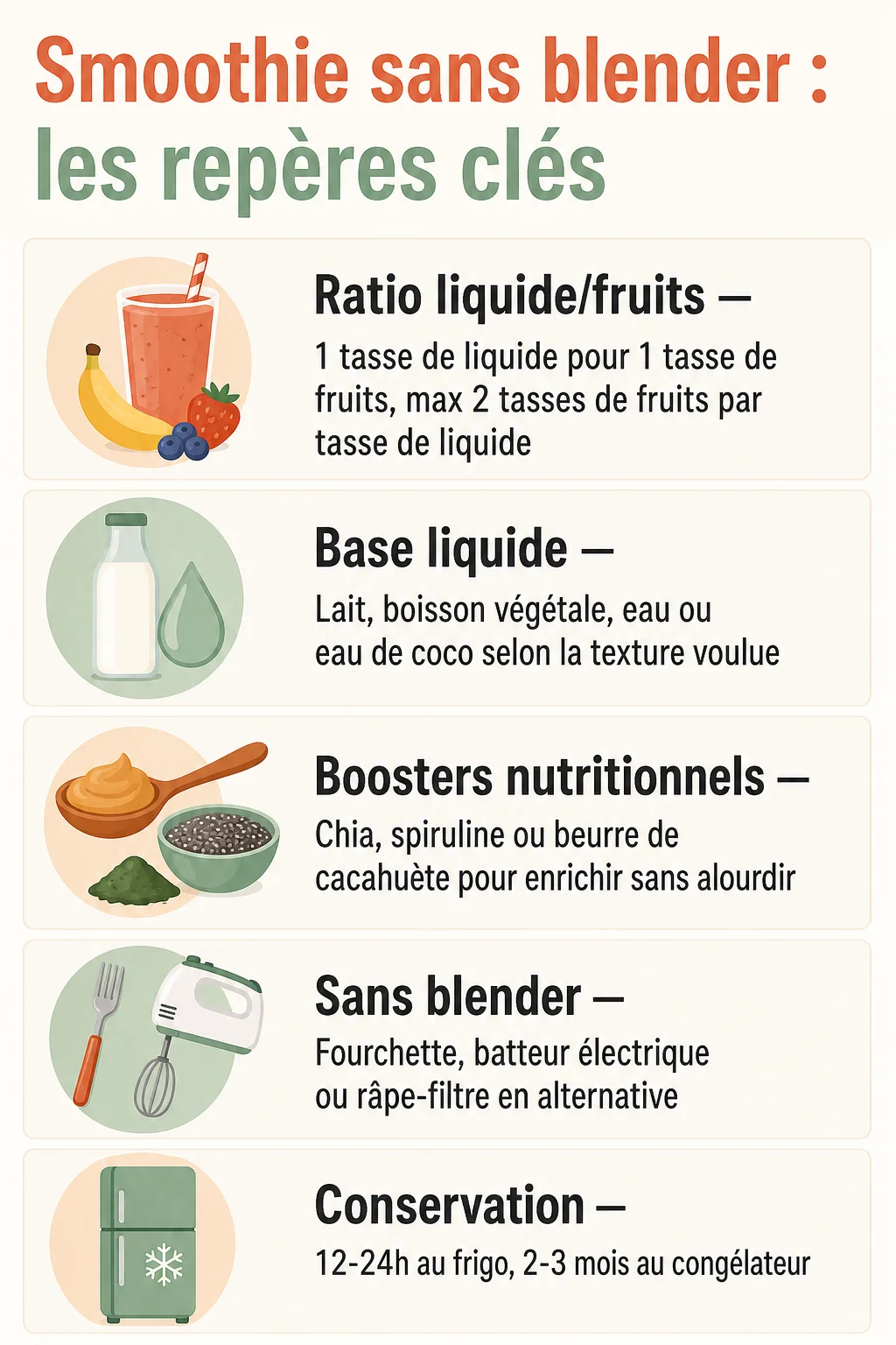 Smoothie sans blender : les repères clés : Ratio liquide/fruits, Base liquide, Boosters nutritionnels, Sans blender, Conservation