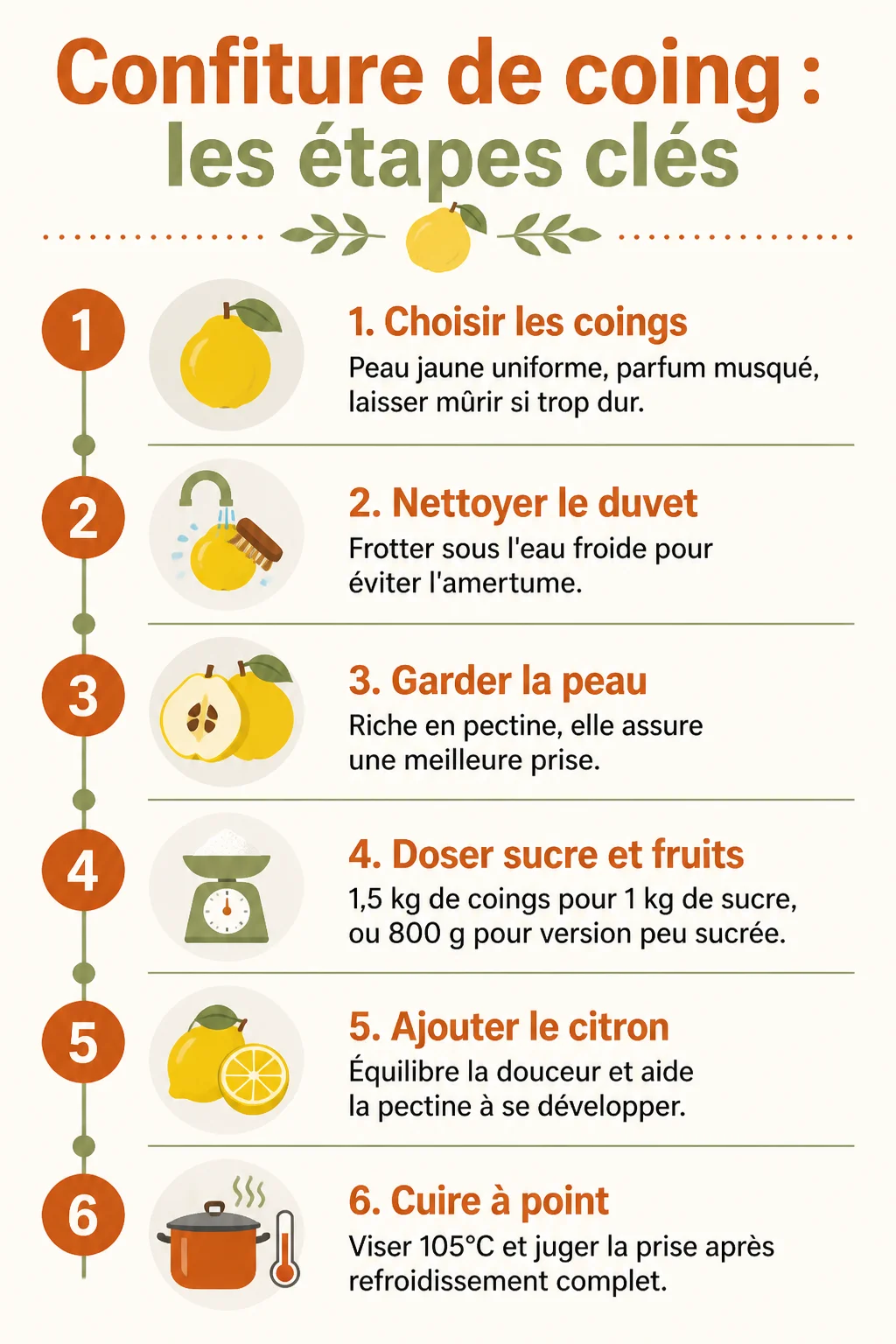 Confiture de coing : les étapes clés : 1. Choisir les coings, 2. Nettoyer le duvet, 3. Garder la peau, 4. Doser sucre et fruits, 5. Ajouter le citron, 6. Cuire à point