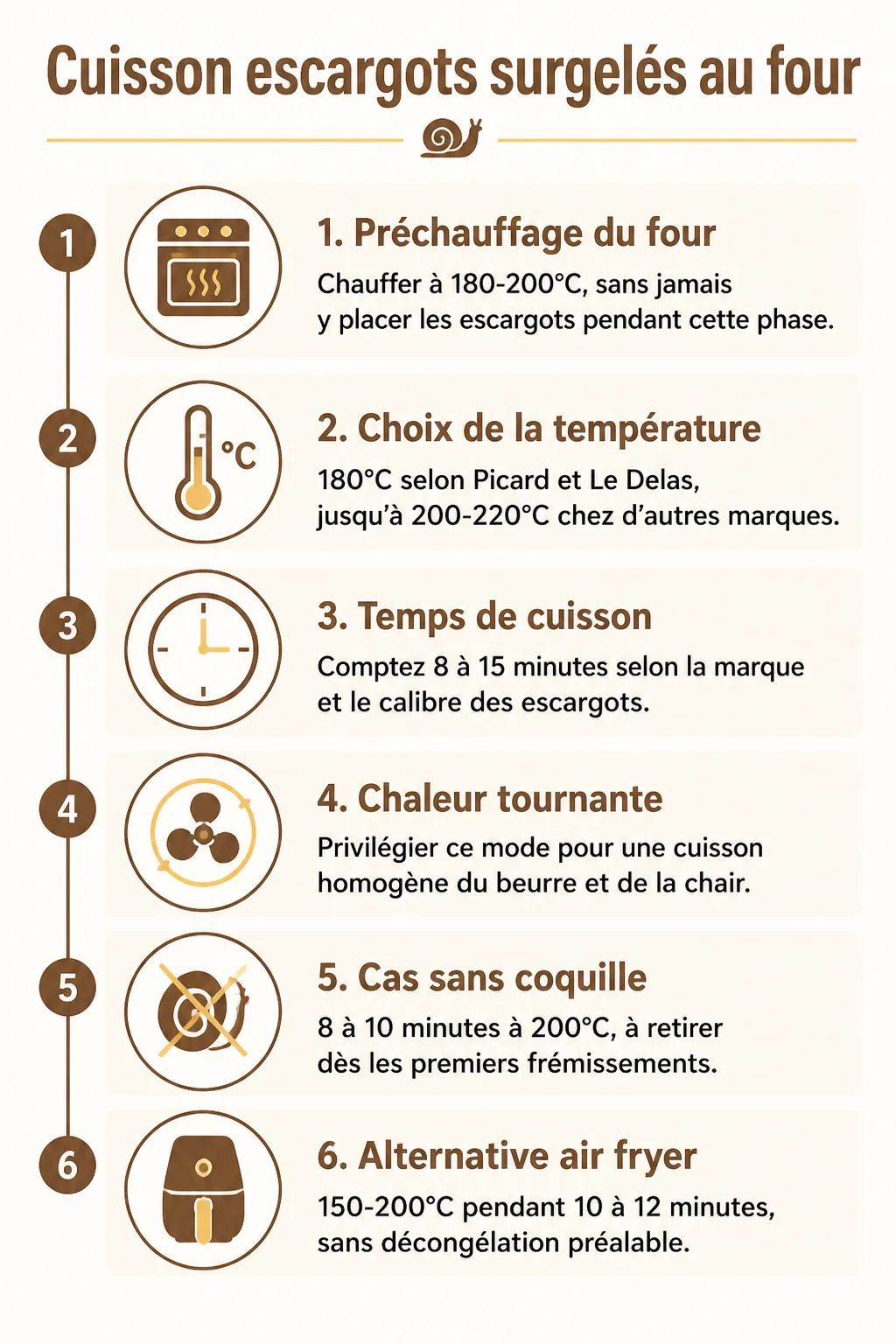 Cuisson escargots surgelés au four : 1. Préchauffage du four, 2. Choix de la température, 3. Temps de cuisson, 4. Chaleur tournante, 5. Cas sans coquille, 6. Alternative air fryer