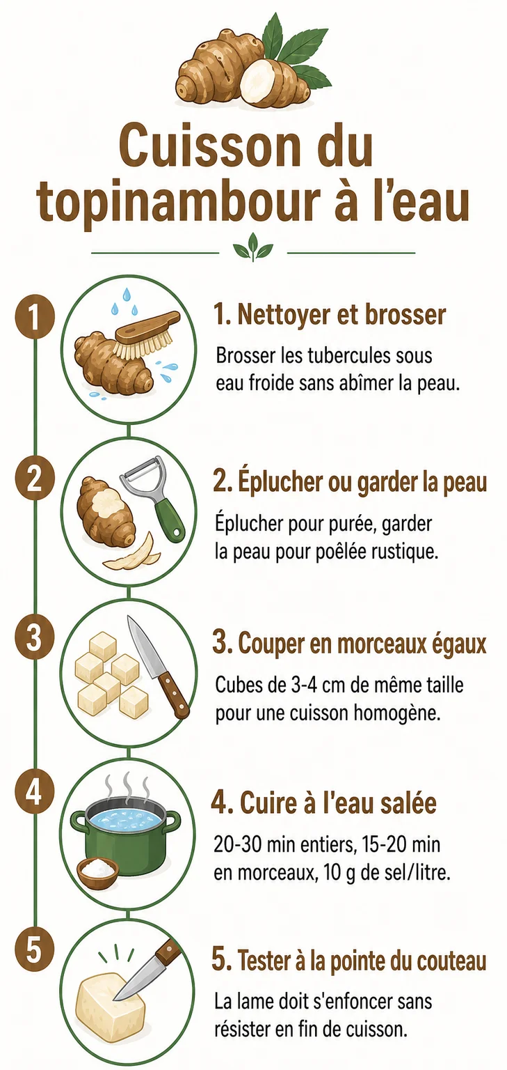 Cuisson du topinambour à l'eau : 1. Nettoyer et brosser, 2. Éplucher ou garder la peau, 3. Couper en morceaux égaux, 4. Cuire à l'eau salée, 5. Tester à la pointe du couteau