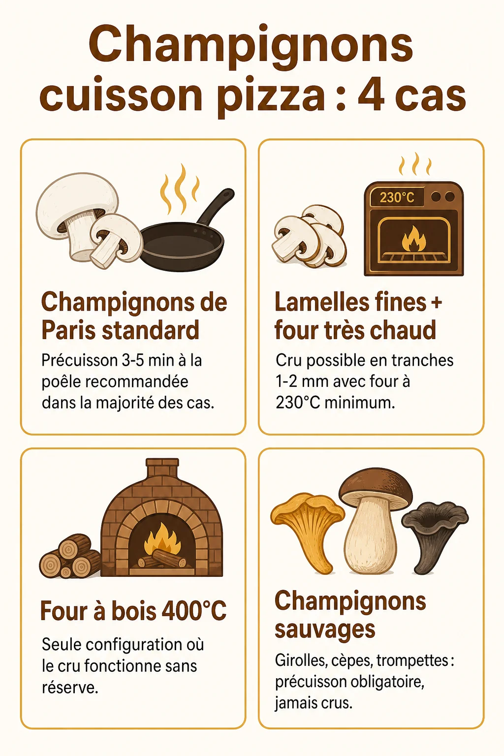 Champignons cuisson pizza : 4 cas : Champignons de Paris standard, Lamelles fines + four très chaud, Four à bois 400°C, Champignons sauvages