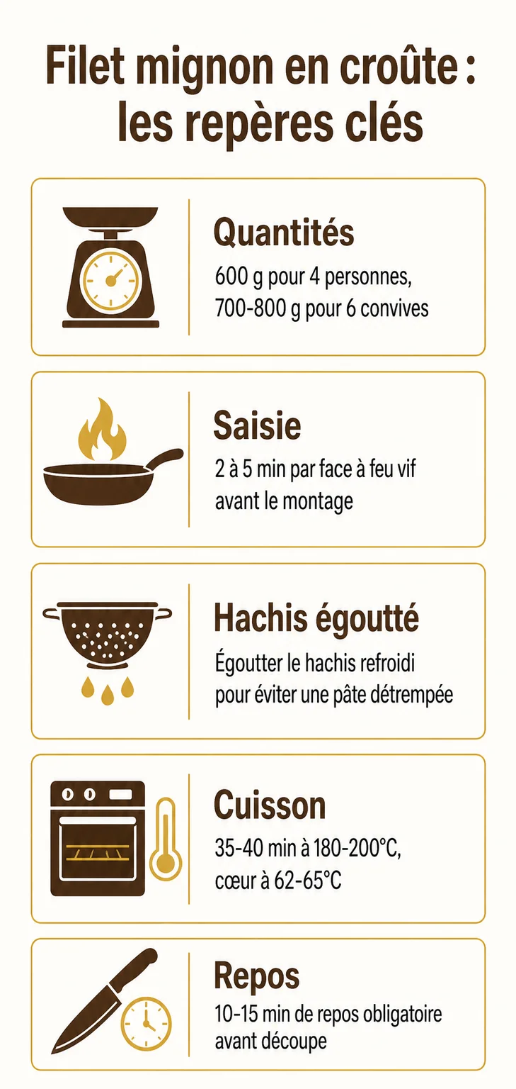 Filet mignon en croûte : les repères clés : Quantités, Saisie, Hachis égoutté, Cuisson, Repos