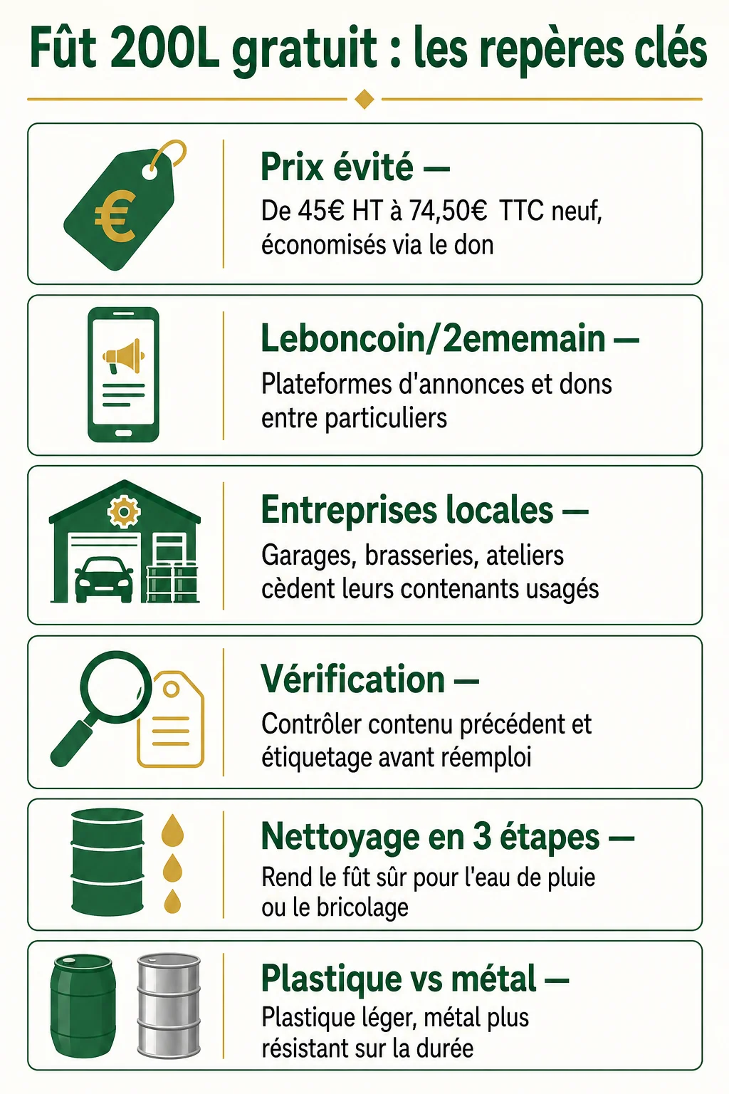 Fût 200L gratuit : les repères clés : Prix évité, Leboncoin/2ememain, Entreprises locales, Vérification, Nettoyage en 3 étapes, Plastique vs métal