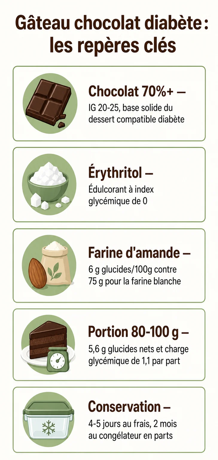 Gâteau chocolat diabète : les repères clés : Chocolat 70%+, Érythritol, Farine d'amande, Portion 80-100 g, Conservation