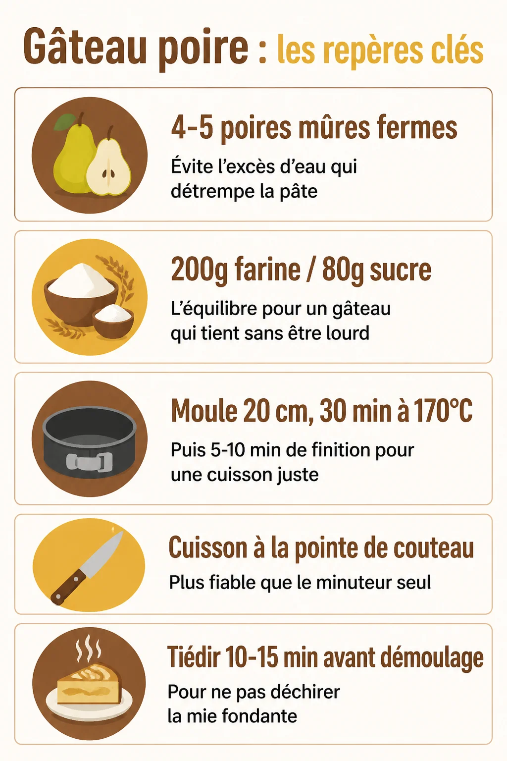 Gâteau poire : les repères clés : 4-5 poires mûres fermes, 200g farine / 80g sucre, Moule 20 cm, 30 min à 170°C, Cuisson à la pointe de couteau, Tiédir 10-15 min avant démoulage