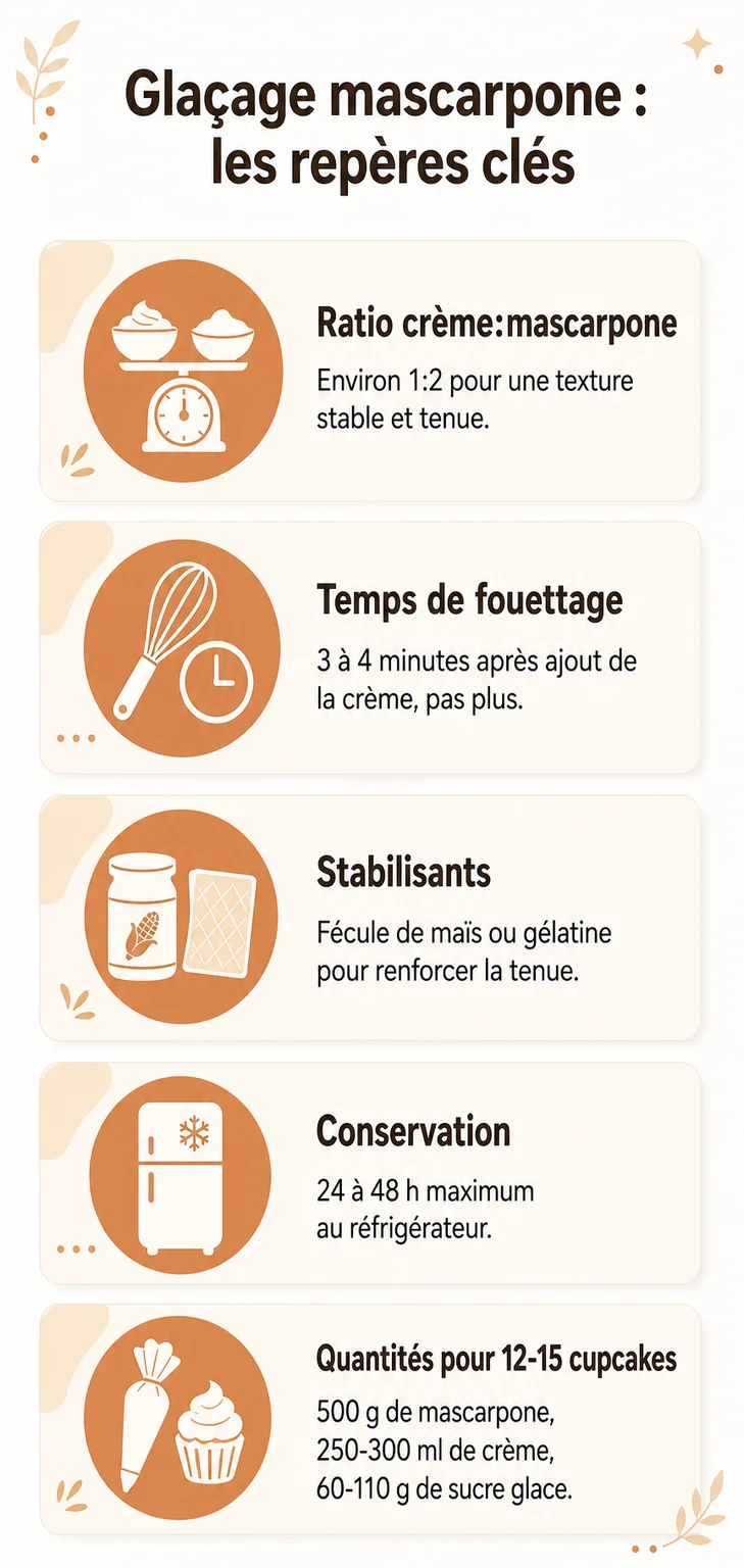 Glaçage mascarpone : les repères clés : Ratio crème:mascarpone, Temps de fouettage, Stabilisants, Conservation, Quantités pour 12-15 cupcakes