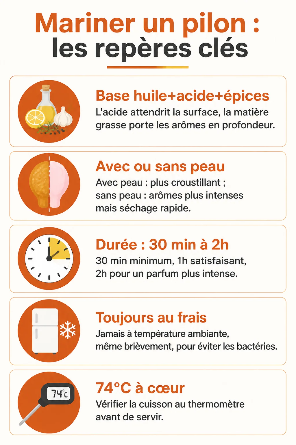 Mariner un pilon : les repères clés : Base huile+acide+épices, Avec ou sans peau, Durée : 30 min à 2h, Toujours au frais, 74°C à cœur