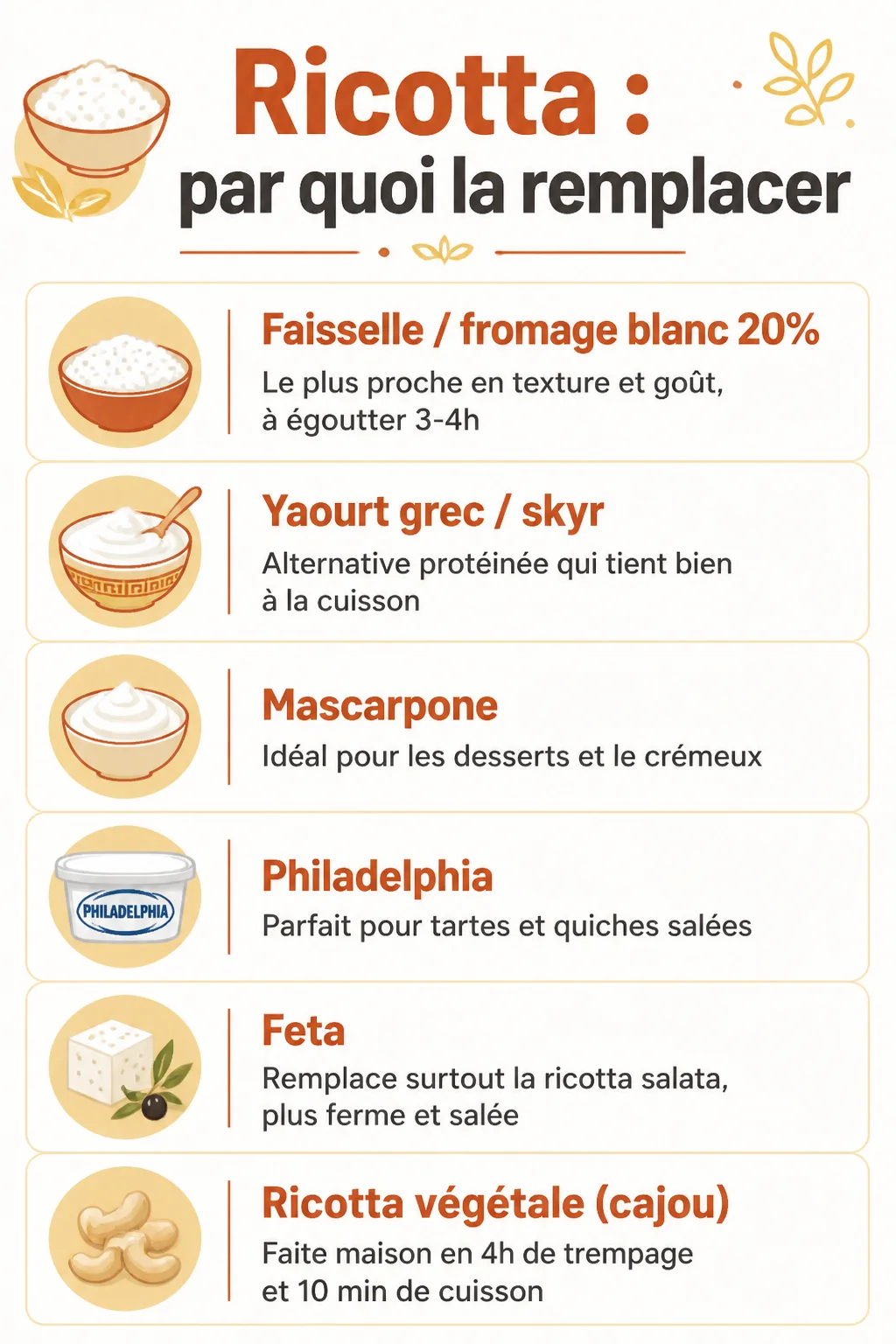Ricotta : par quoi la remplacer : Faisselle / fromage blanc 20%, Yaourt grec / skyr, Mascarpone, Philadelphia, Feta, Ricotta végétale (cajou)
