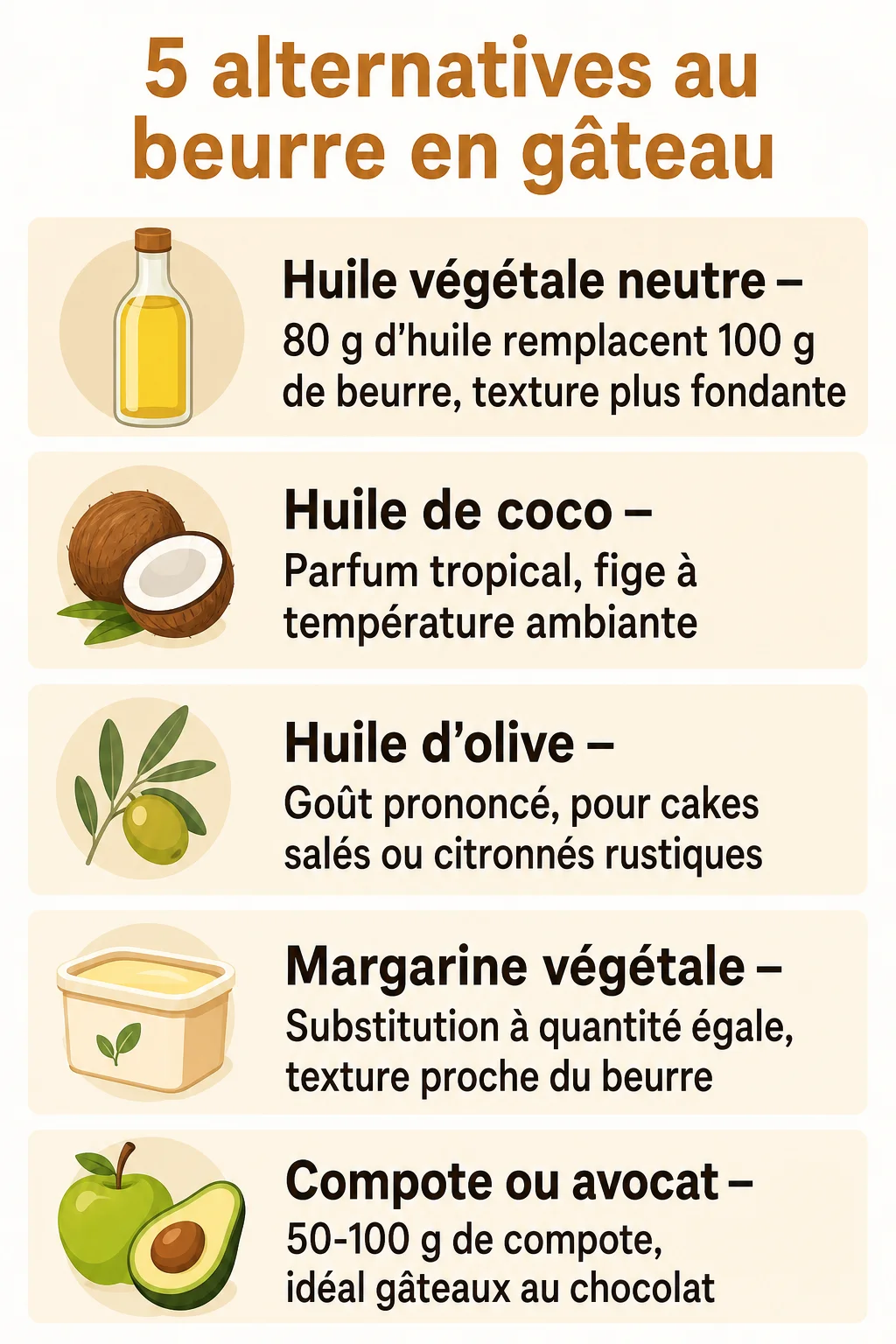 5 alternatives au beurre en gâteau : Huile végétale neutre, Huile de coco, Huile d'olive, Margarine végétale, Compote ou avocat