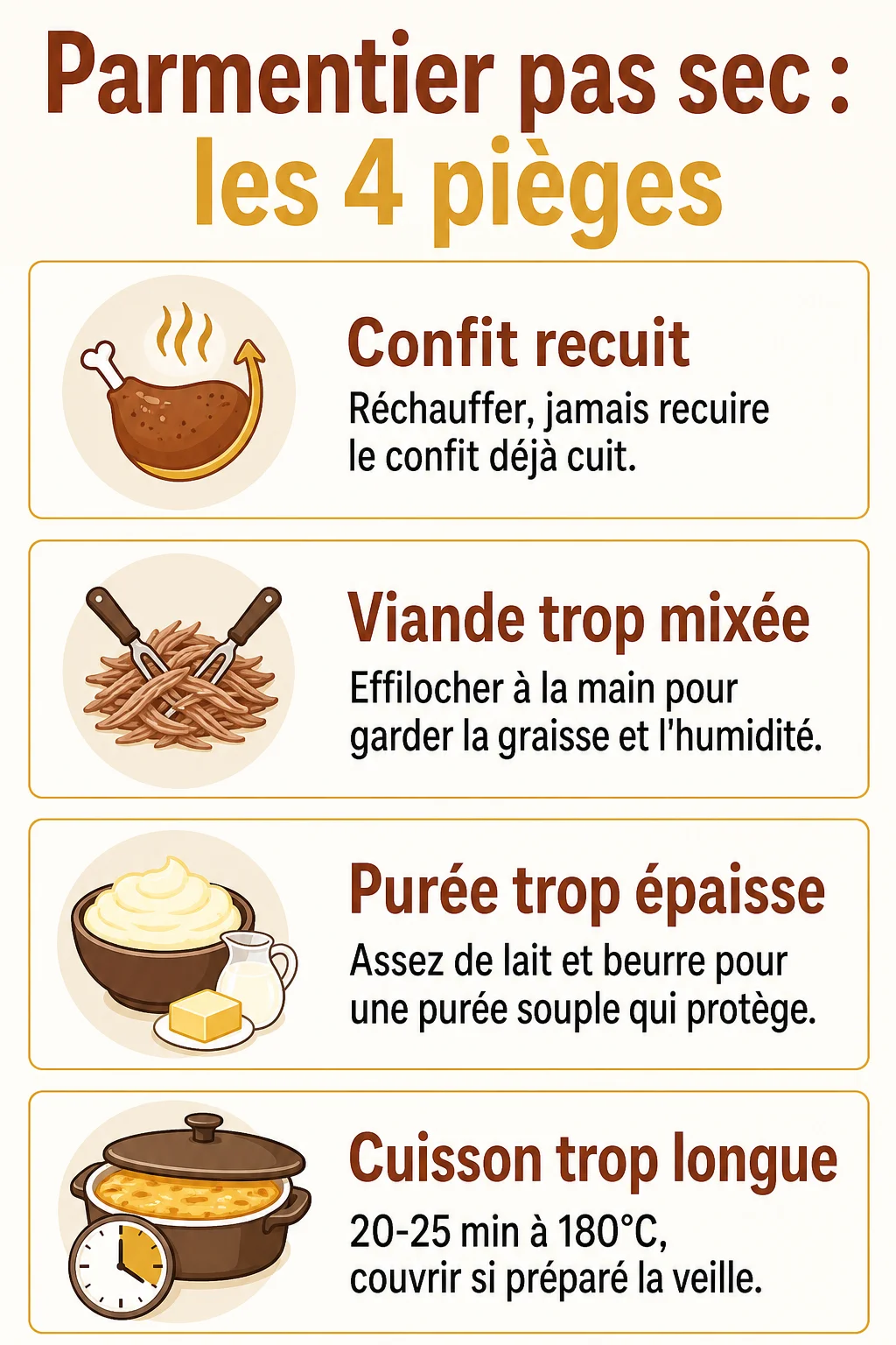 Parmentier pas sec : les 4 pièges : Confit recuit, Viande trop mixée, Purée trop épaisse, Cuisson trop longue