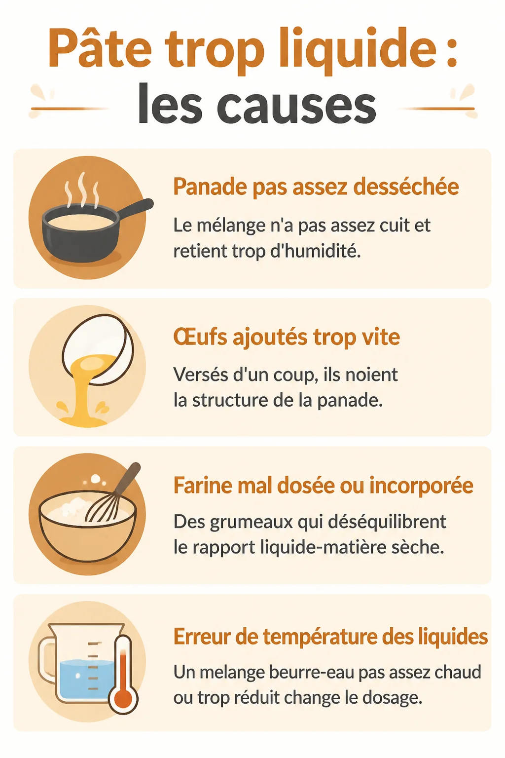 Pâte trop liquide : les causes : Panade pas assez desséchée, Œufs ajoutés trop vite, Farine mal dosée ou incorporée, Erreur de température des liquides