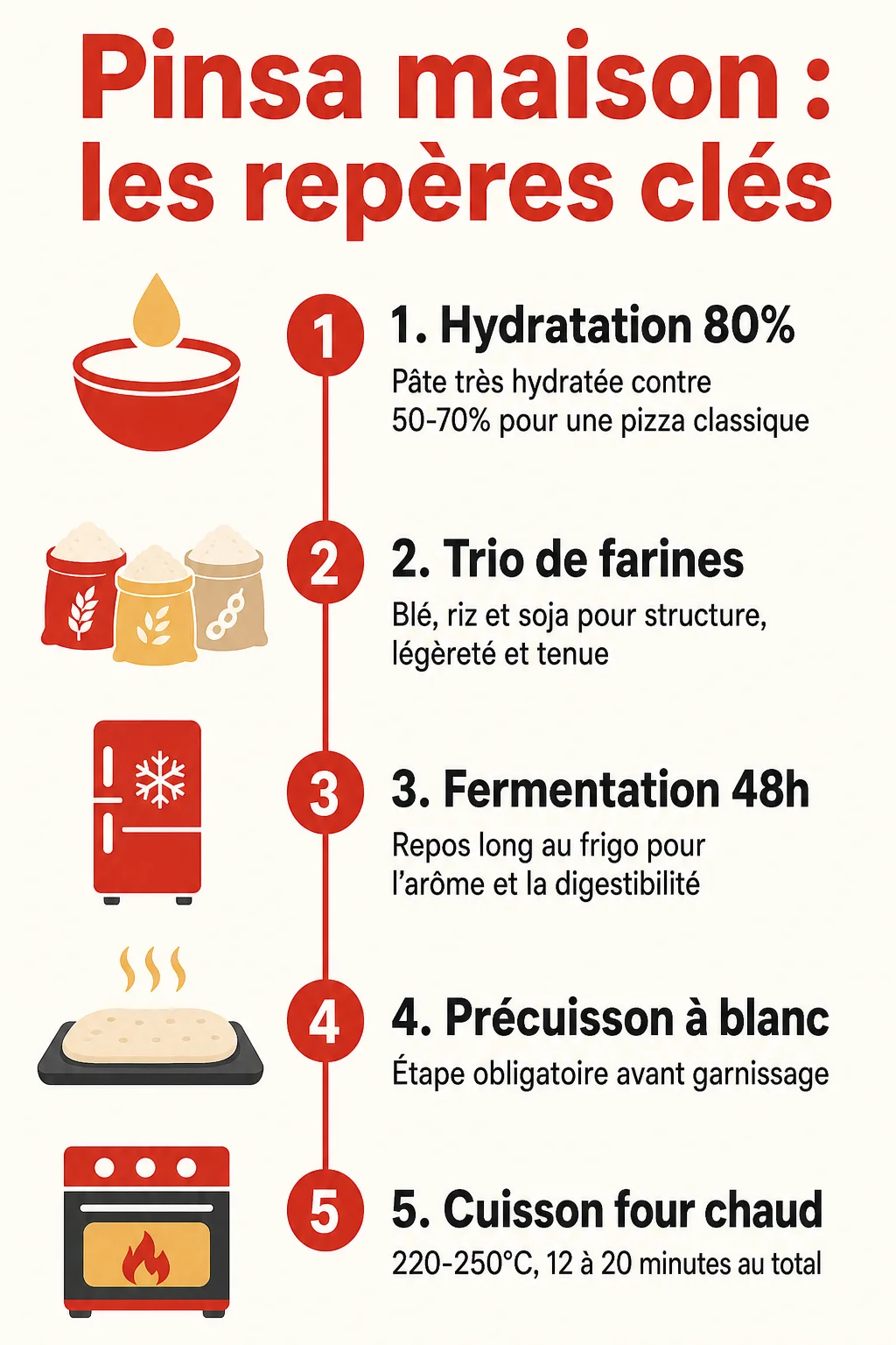 Pinsa maison : les repères clés : 1. Hydratation 80%, 2. Trio de farines, 3. Fermentation 48h, 4. Précuisson à blanc, 5. Cuisson four chaud