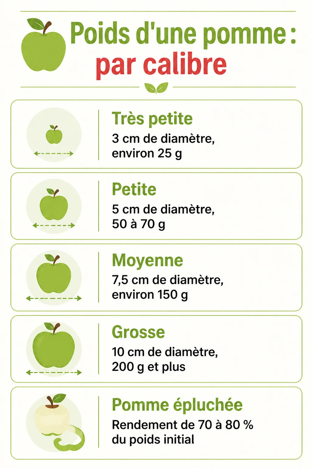 Poids d'une pomme : par calibre : Très petite, Petite, Moyenne, Grosse, Pomme épluchée
