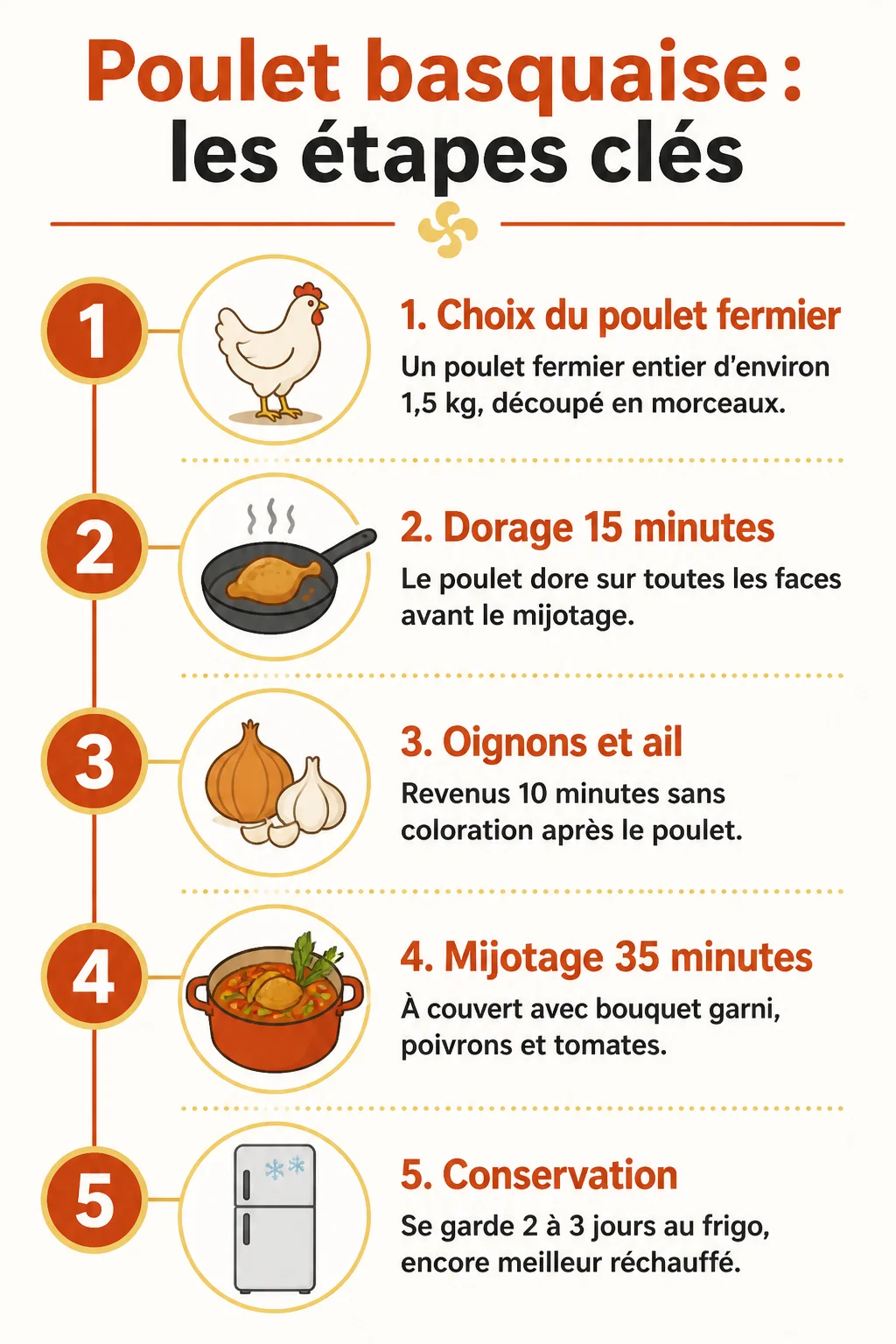 Poulet basquaise : les étapes clés : 1. Choix du poulet fermier, 2. Dorage 15 minutes, 3. Oignons et ail, 4. Mijotage 35 minutes, 5. Conservation