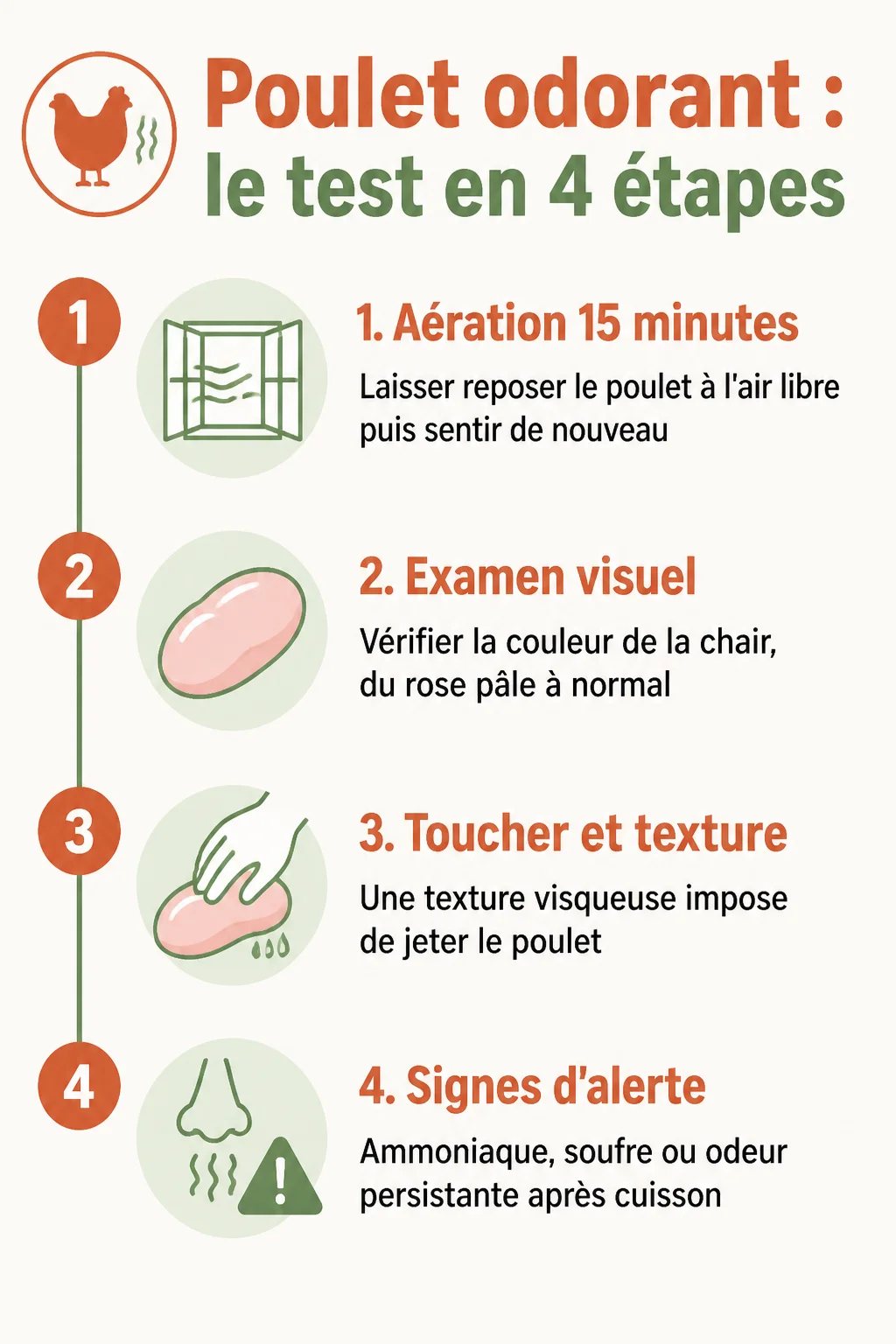 Poulet odorant : le test en 4 étapes : 1. Aération 15 minutes, 2. Examen visuel, 3. Toucher et texture, 4. Signes d'alerte