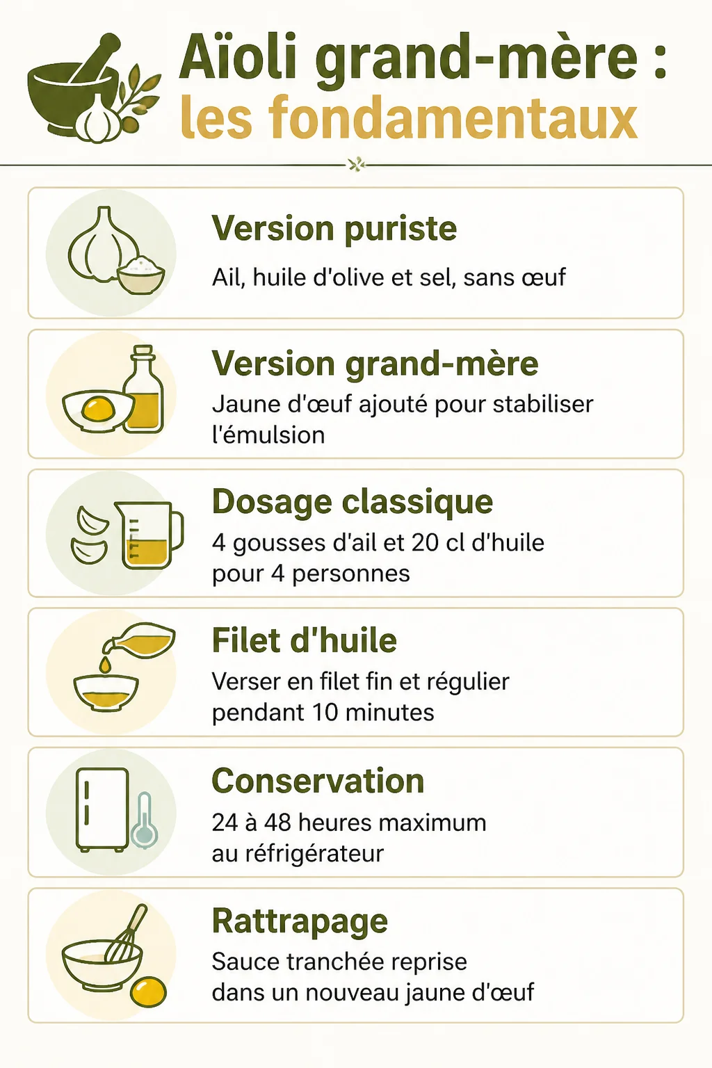 Aïoli grand-mère : les fondamentaux : Version puriste, Version grand-mère, Dosage classique, Filet d'huile, Conservation, Rattrapage