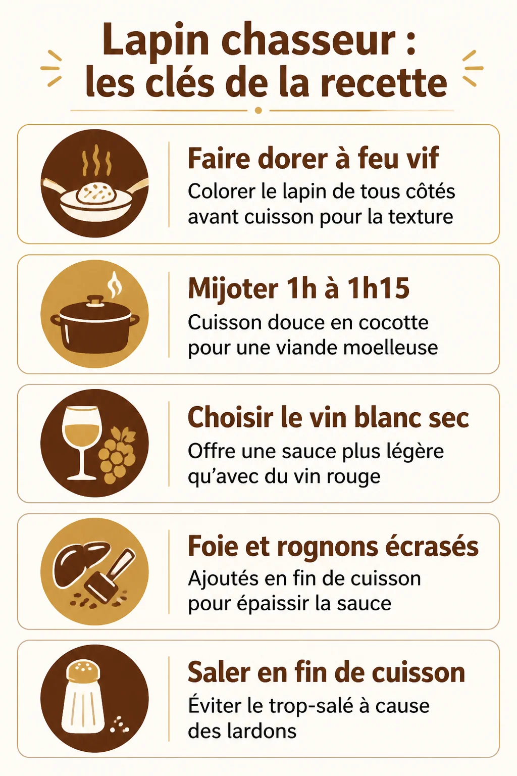 Lapin chasseur : les clés de la recette : Faire dorer à feu vif, Mijoter 1h à 1h15, Choisir le vin blanc sec, Foie et rognons écrasés, Saler en fin de cuisson