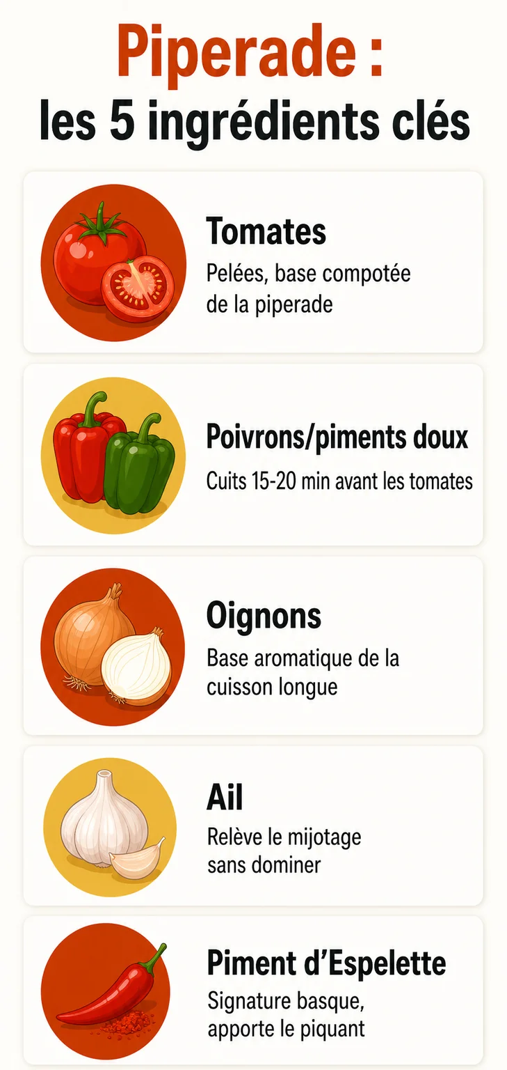 Piperade : les 5 ingrédients clés : Tomates, Poivrons/piments doux, Oignons, Ail, Piment d'Espelette