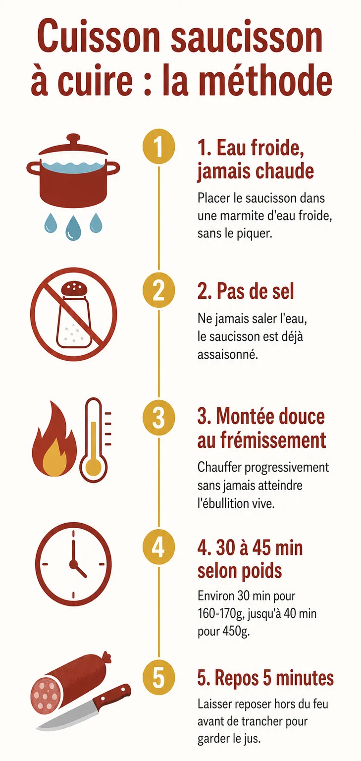 Cuisson saucisson à cuire : la méthode : 1. Eau froide, jamais chaude, 2. Pas de sel, 3. Montée douce au frémissement, 4. 30 à 45 min selon poids, 5. Repos 5 minutes