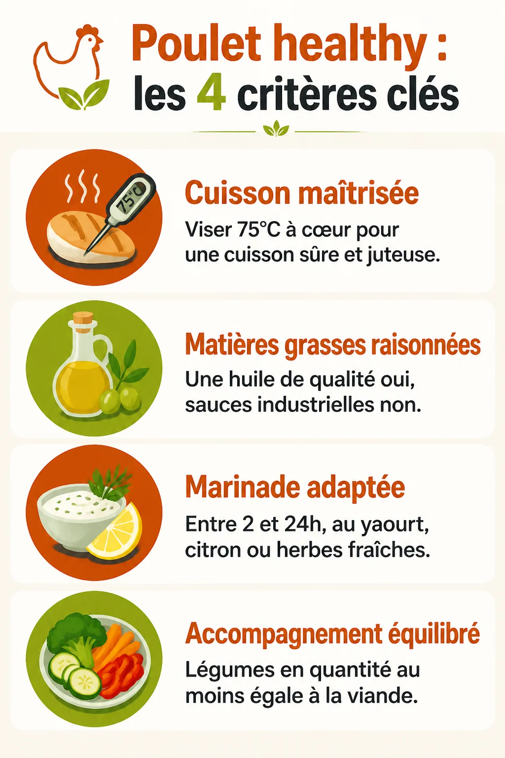 Poulet healthy : les 4 critères clés : Cuisson maîtrisée, Matières grasses raisonnées, Marinade adaptée, Accompagnement équilibré