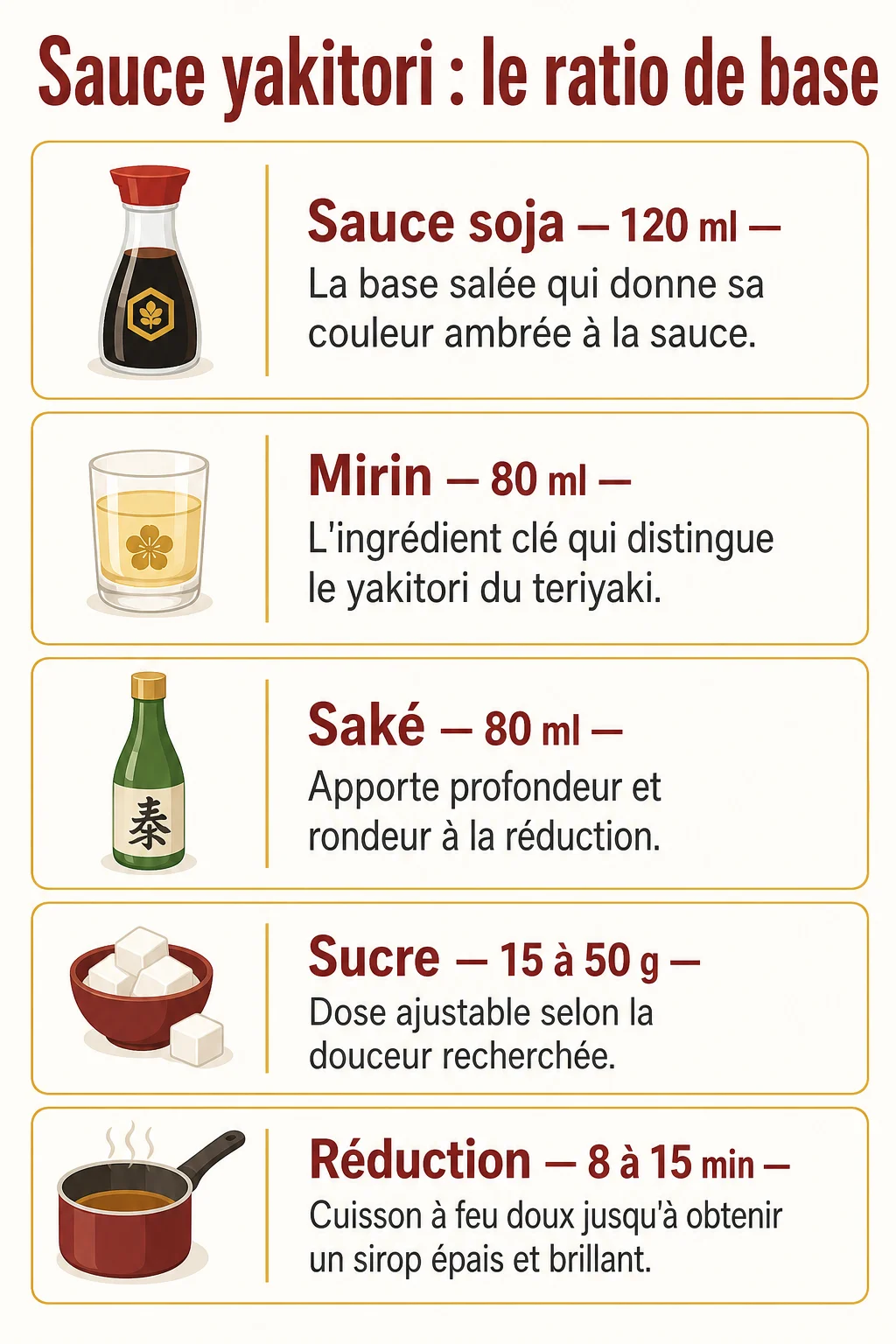 Sauce yakitori : le ratio de base : Sauce soja — 120 ml, Mirin — 80 ml, Saké — 80 ml, Sucre — 15 à 50 g, Réduction — 8 à 15 min