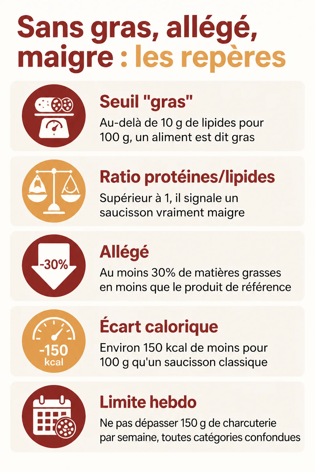 Sans gras, allégé, maigre : les repères : Seuil "gras", Ratio protéines/lipides, Allégé, Écart calorique, Limite hebdo