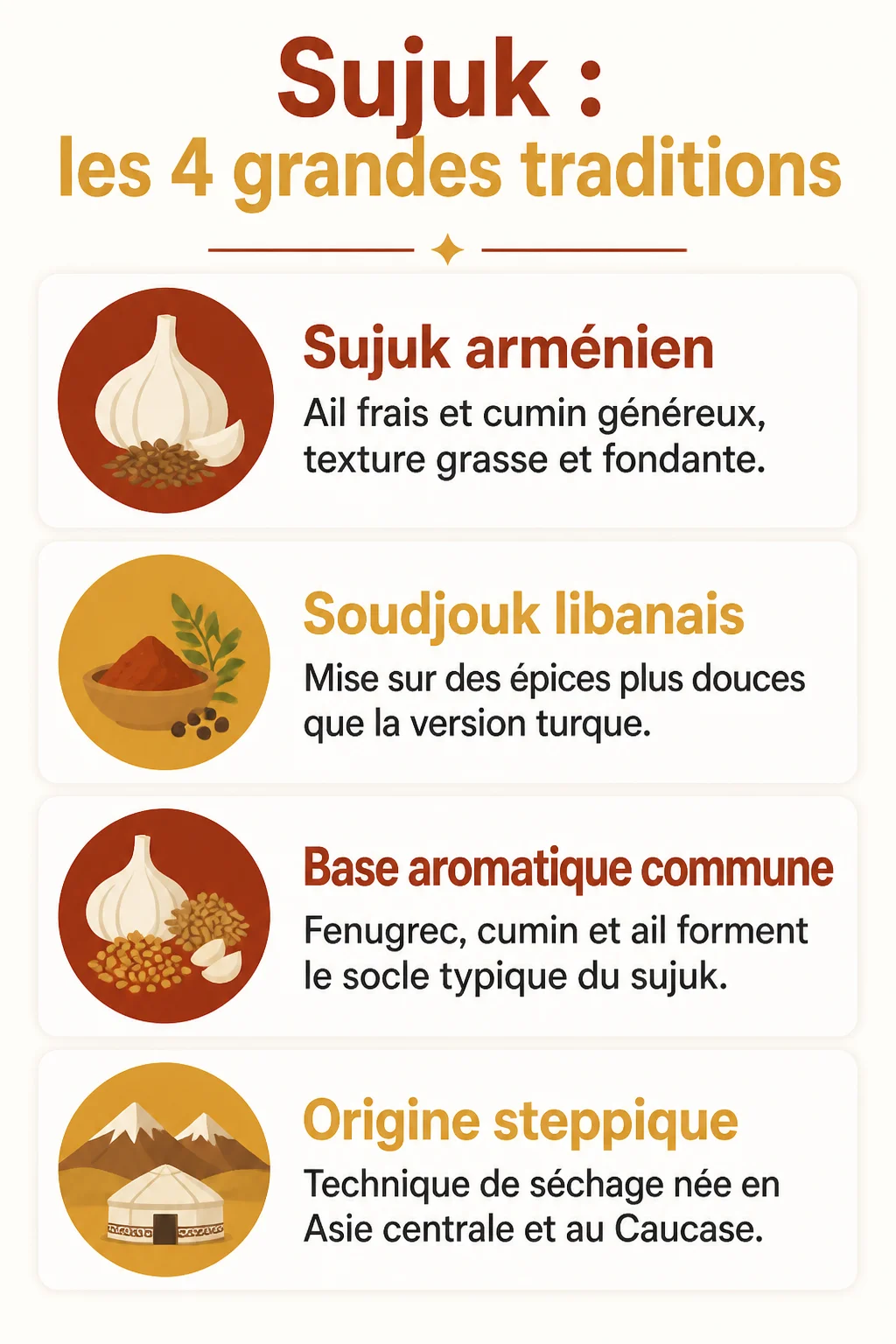 Sujuk : les 4 grandes traditions : Sujuk arménien, Soudjouk libanais, Base aromatique commune, Origine steppique