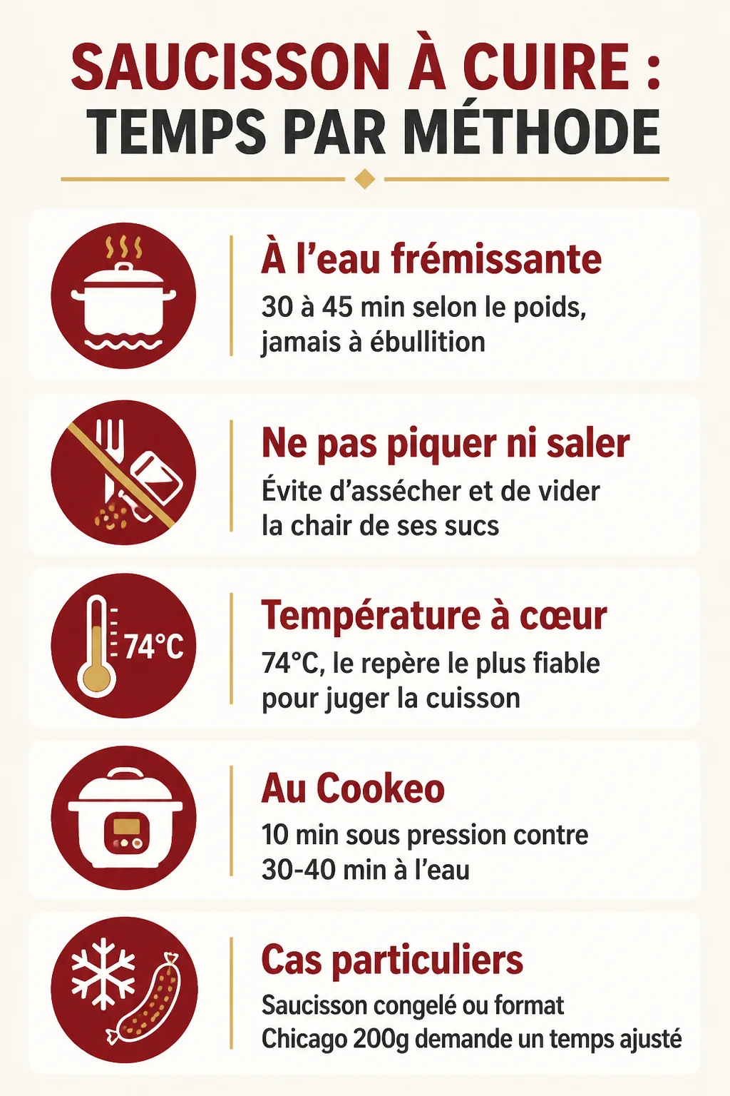 Saucisson à cuire : temps par méthode : À l'eau frémissante, Ne pas piquer ni saler, Température à cœur, Au Cookeo, Cas particuliers