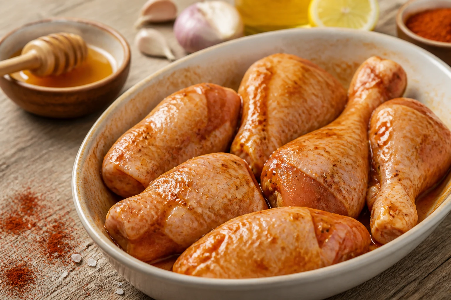Pilons de poulet marinés dans un plat avec épices, ail et citron avant cuisson