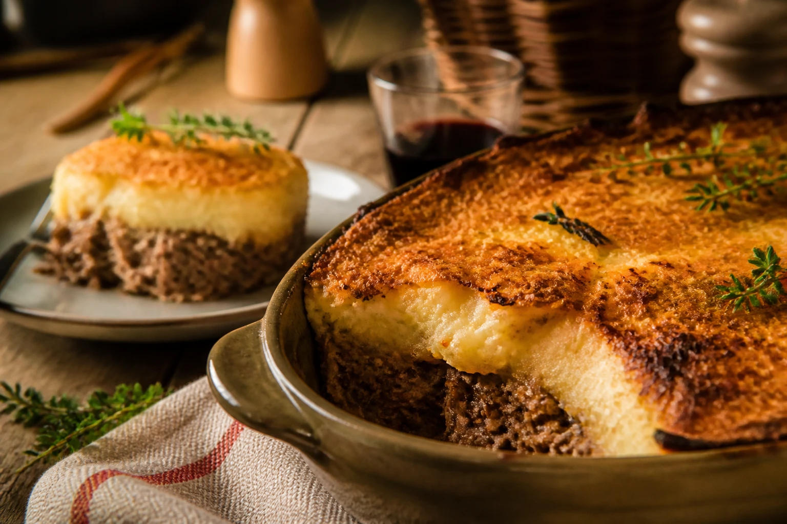 Parmentier de canard confit avec purée onctueuse et croûte dorée, servi dans un plat en céramique