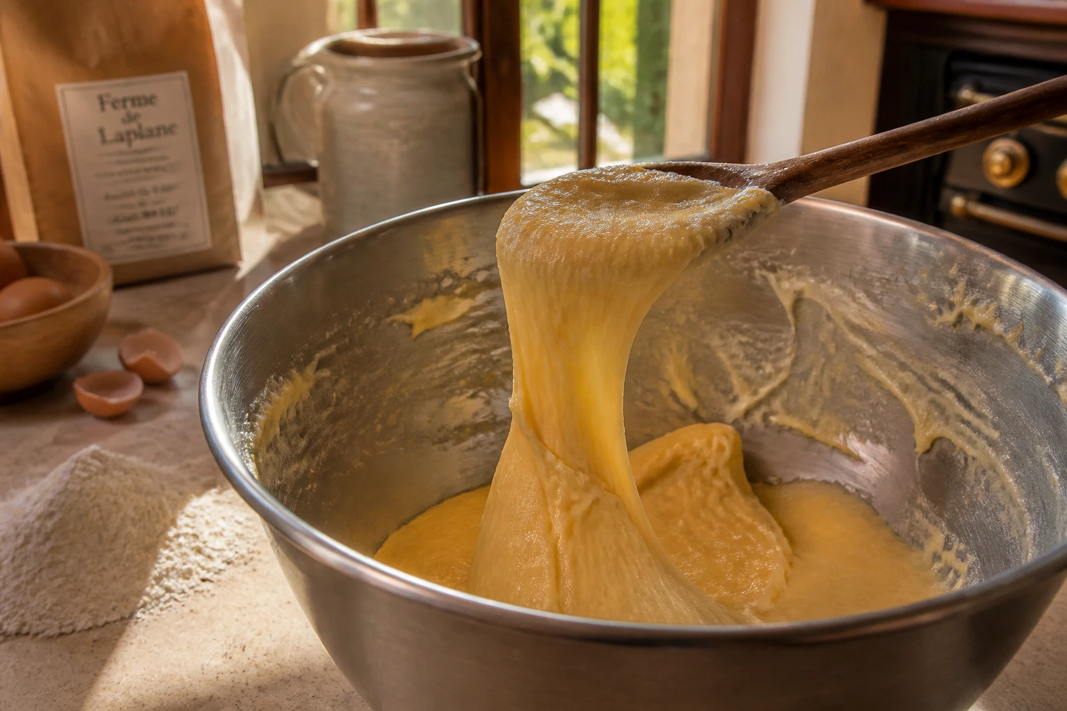 Pâte à choux souple soulevée à la spatule en bois dans un saladier, test de texture avant dressage