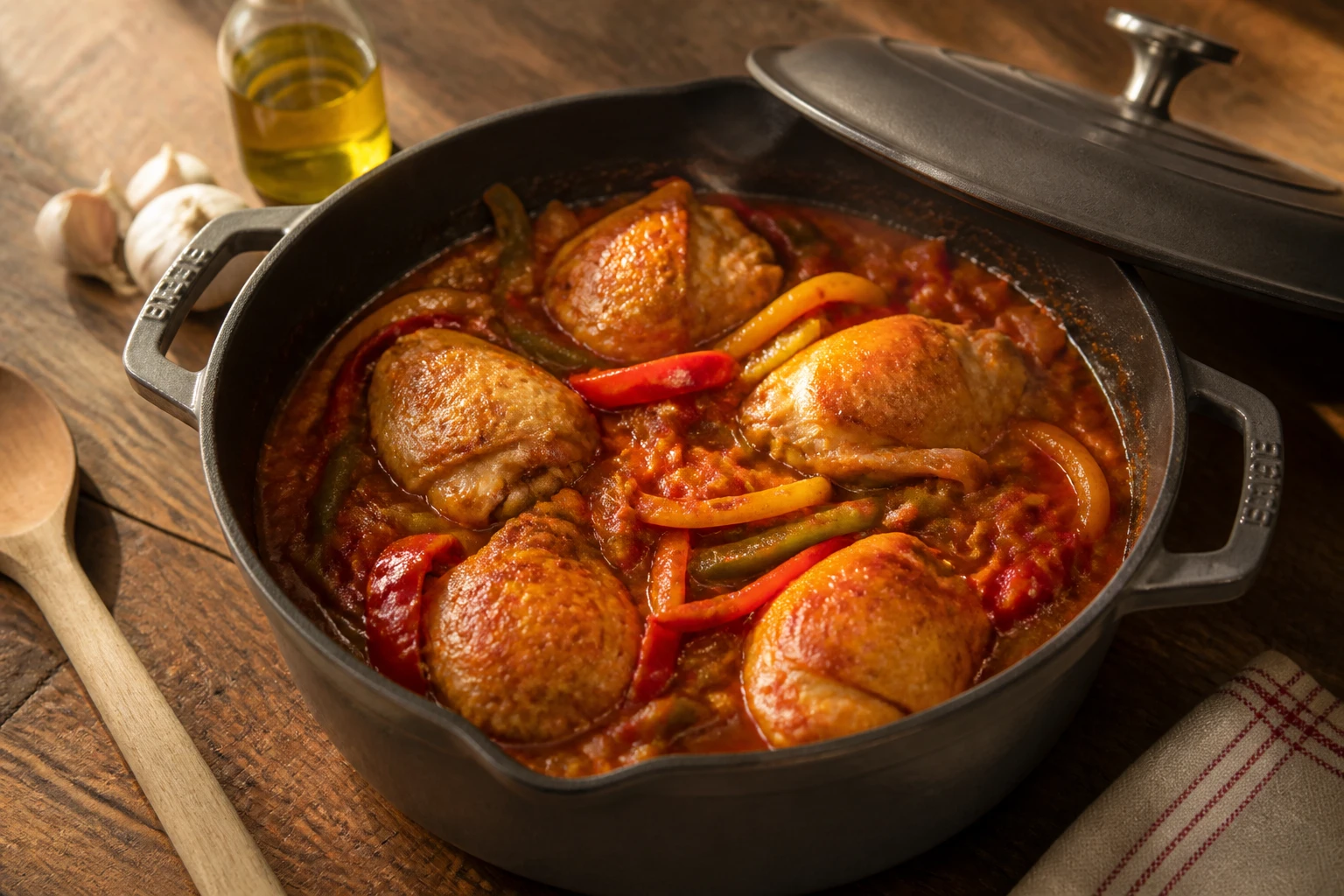 Poulet basquaise de ma grand-mère mijoté en cocotte avec poivrons et tomates