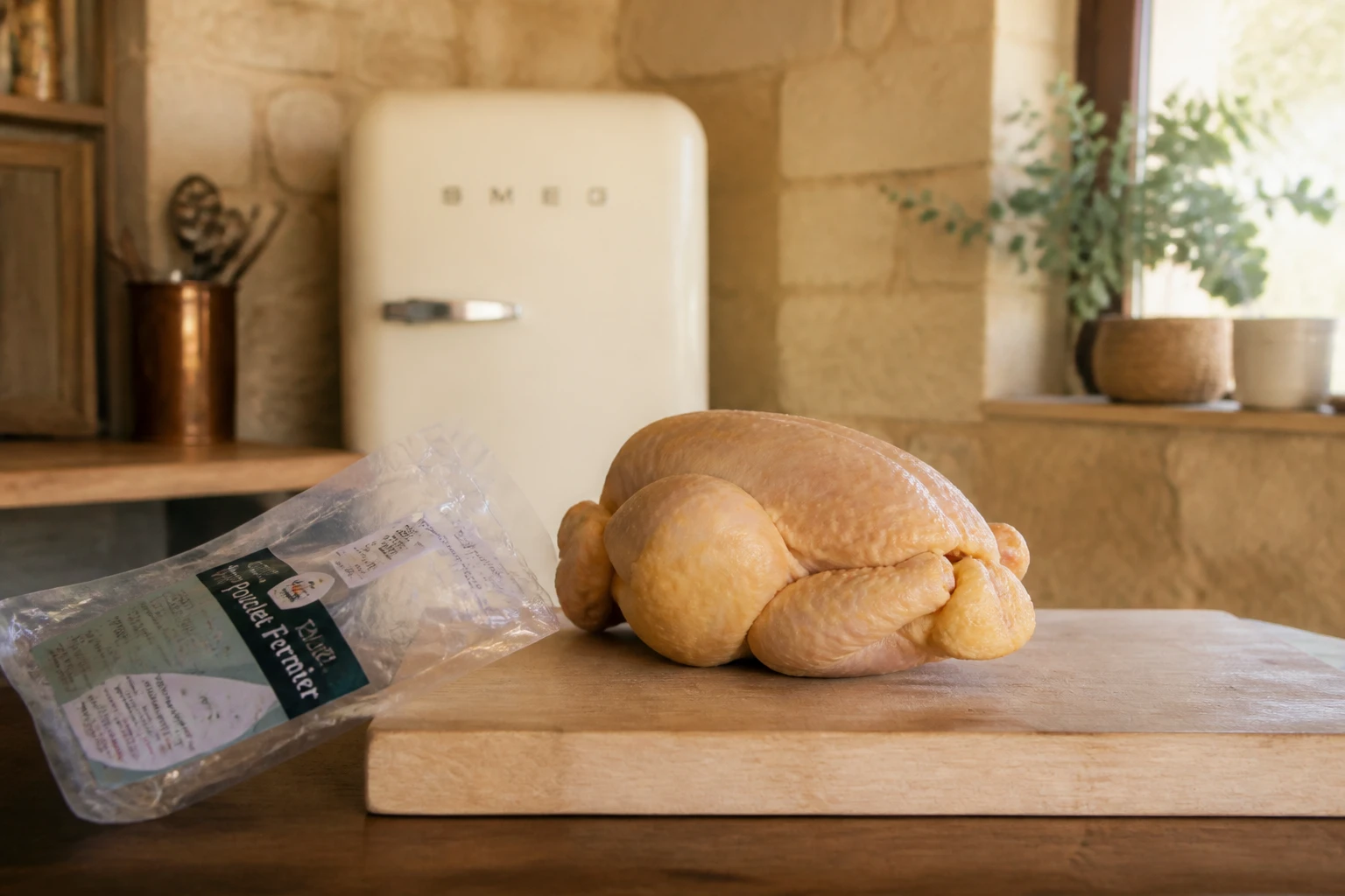 Poulet cru sur planche en bois avec emballage sous vide entrouvert dans une cuisine de maison d'hôtes
