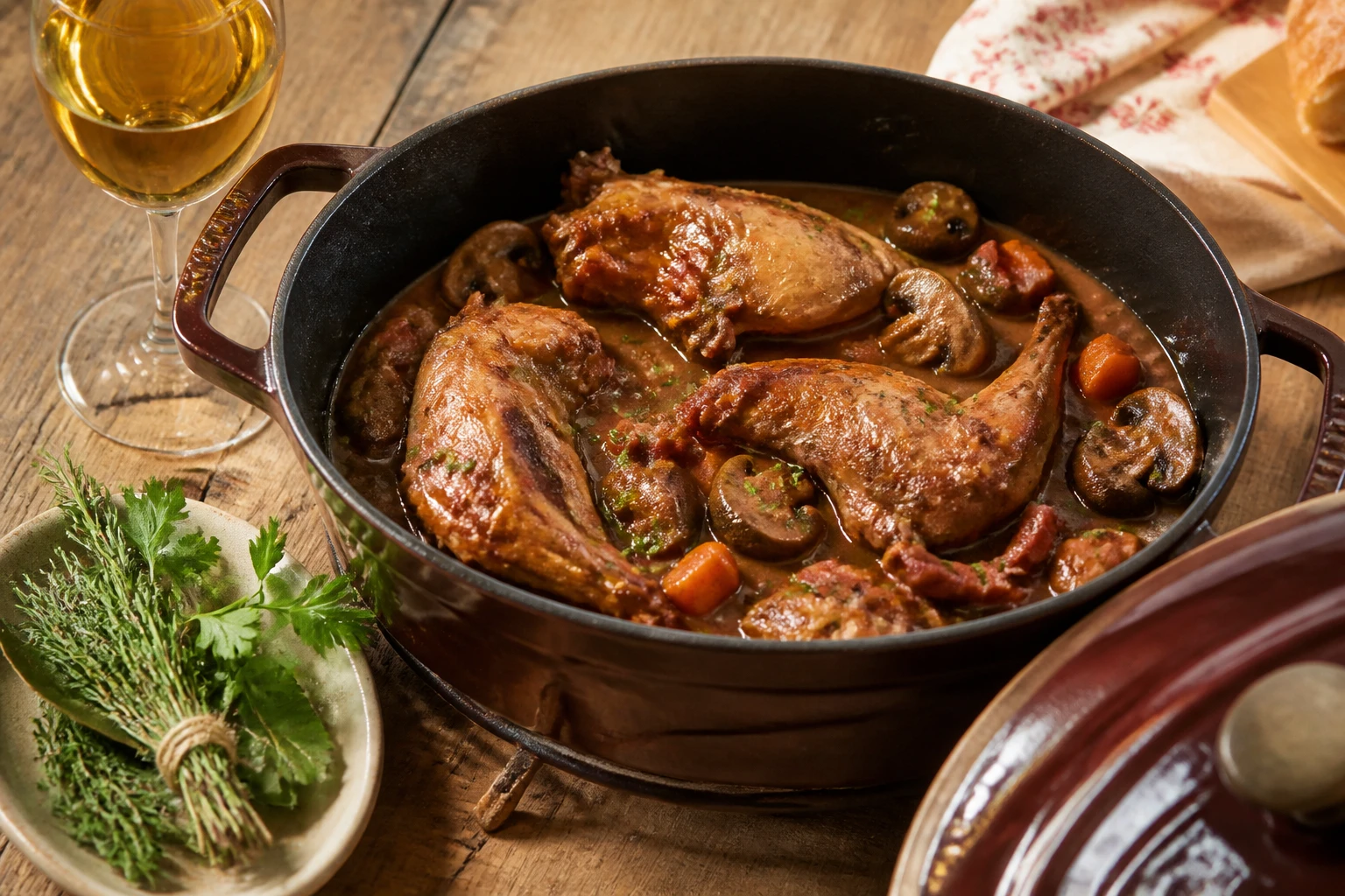 Cocotte en fonte de lapin chasseur façon grand-mère avec sauce aux champignons et lardons