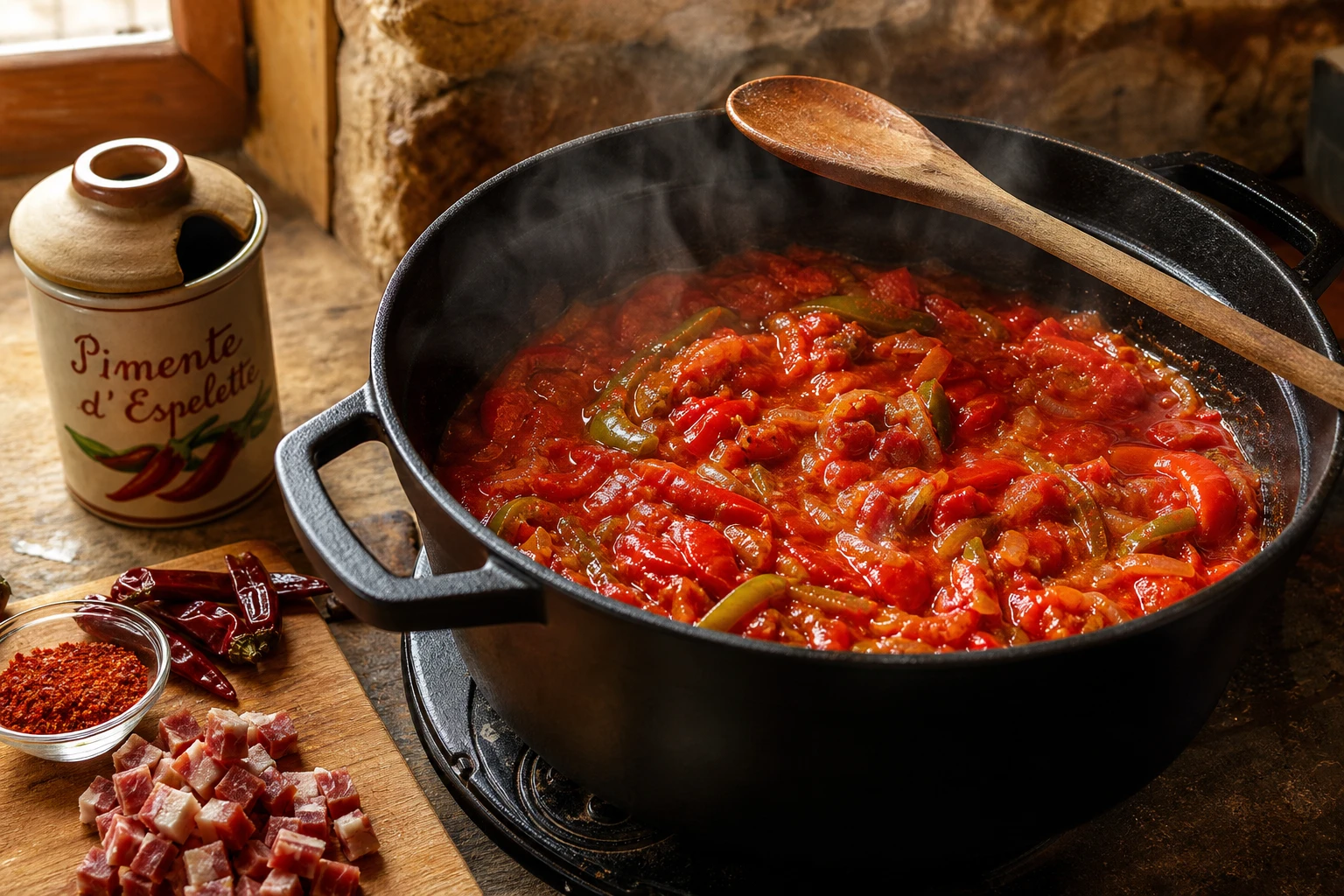 Piperade basque traditionnelle mijotant dans une cocotte en fonte, recette de grand-mère du Sud-Ouest