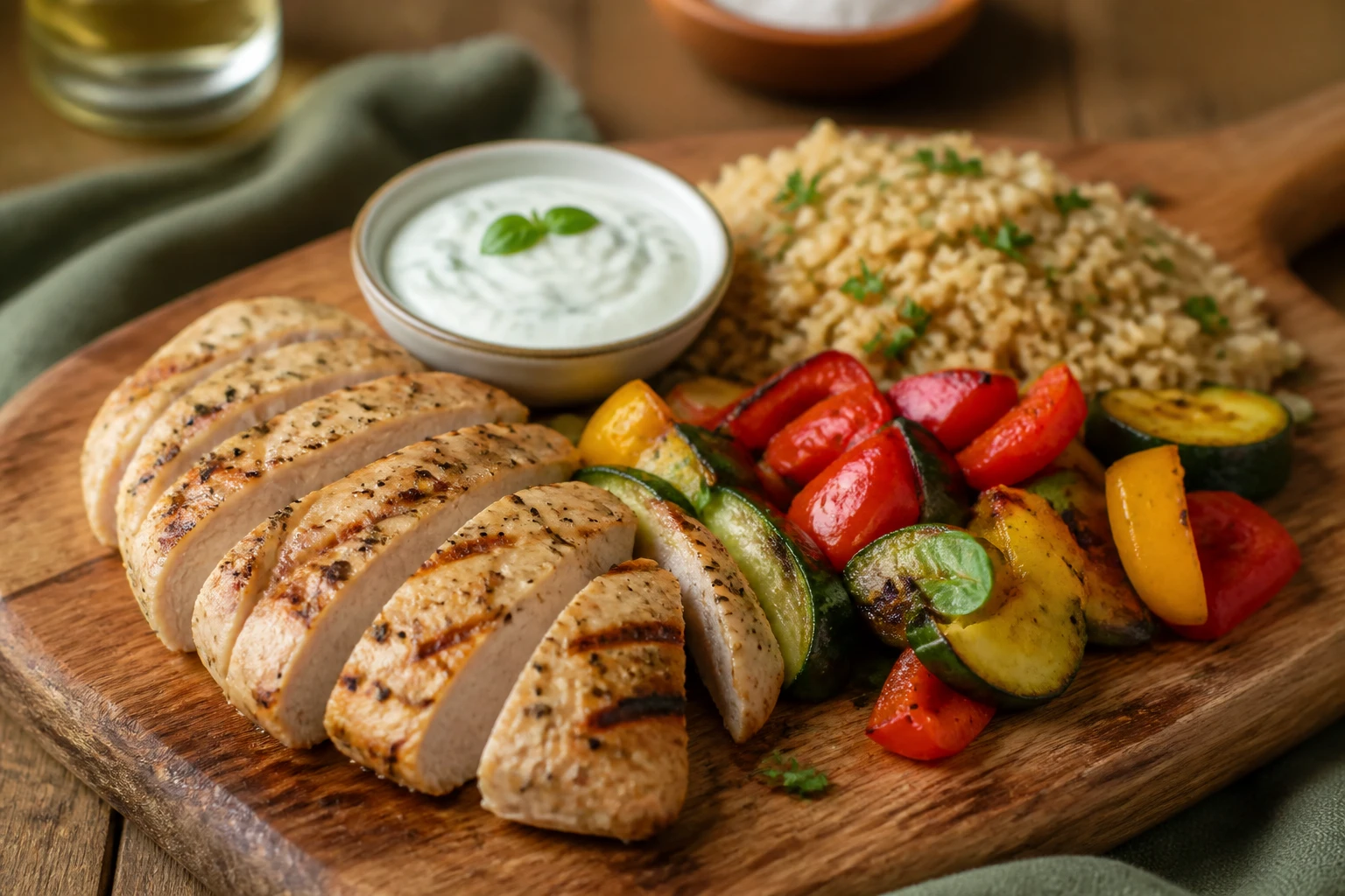 Filet de poulet healthy grillé et tranché servi avec légumes rôtis et riz complet