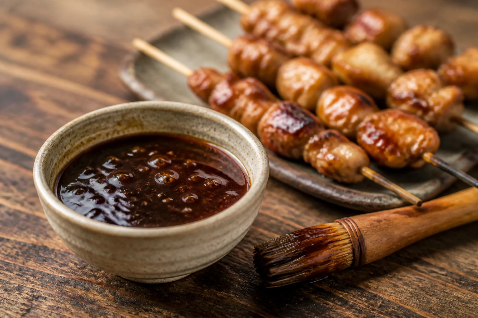 Bol de sauce yakitori maison brillante avec pinceau en bambou et brochettes grillées en arrière-plan