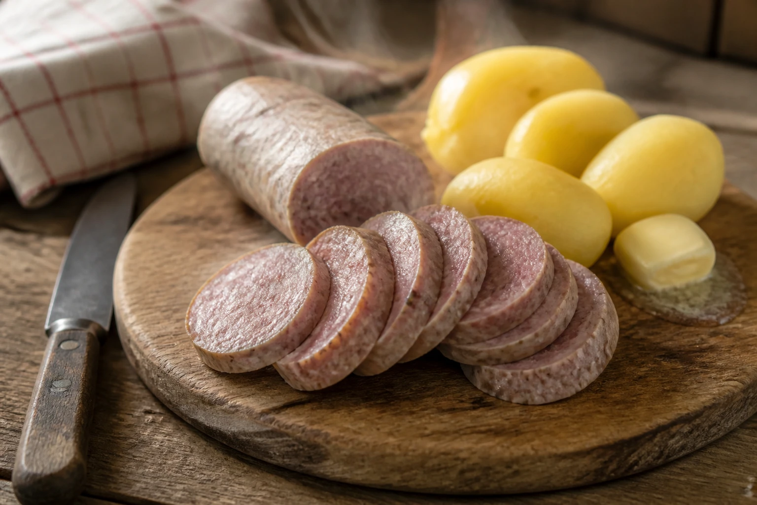 Saucisson à cuire tranché en rondelles servi avec pommes de terre et beurre fondu