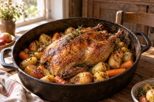 Canette rôtie dorée en cocotte avec pommes de terre et pommes, recette traditionnelle de grand-mère