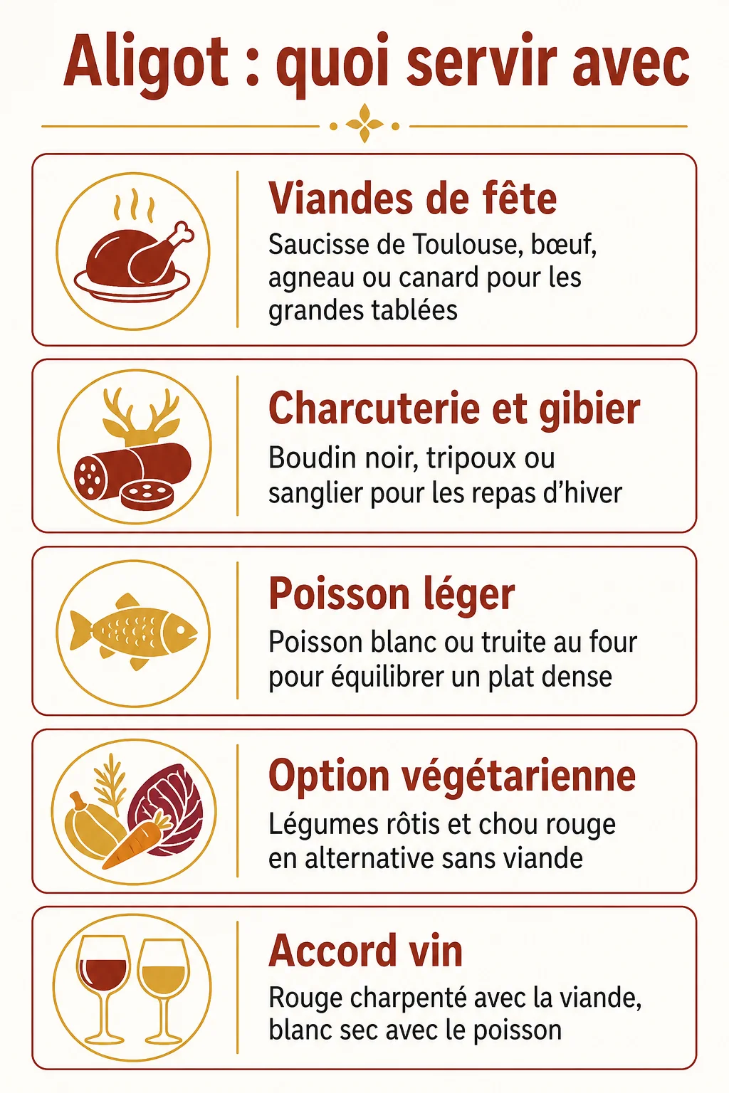 Aligot : quoi servir avec : Viandes de fête, Charcuterie et gibier, Poisson léger, Option végétarienne, Accord vin