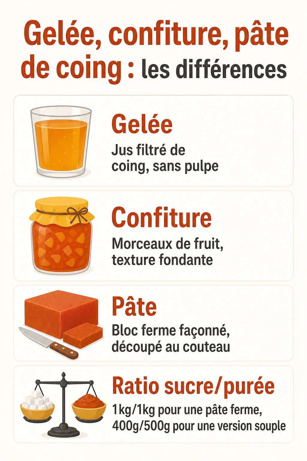 Gelée, confiture, pâte de coing : les différences : Gelée, Confiture, Pâte, Ratio sucre/purée